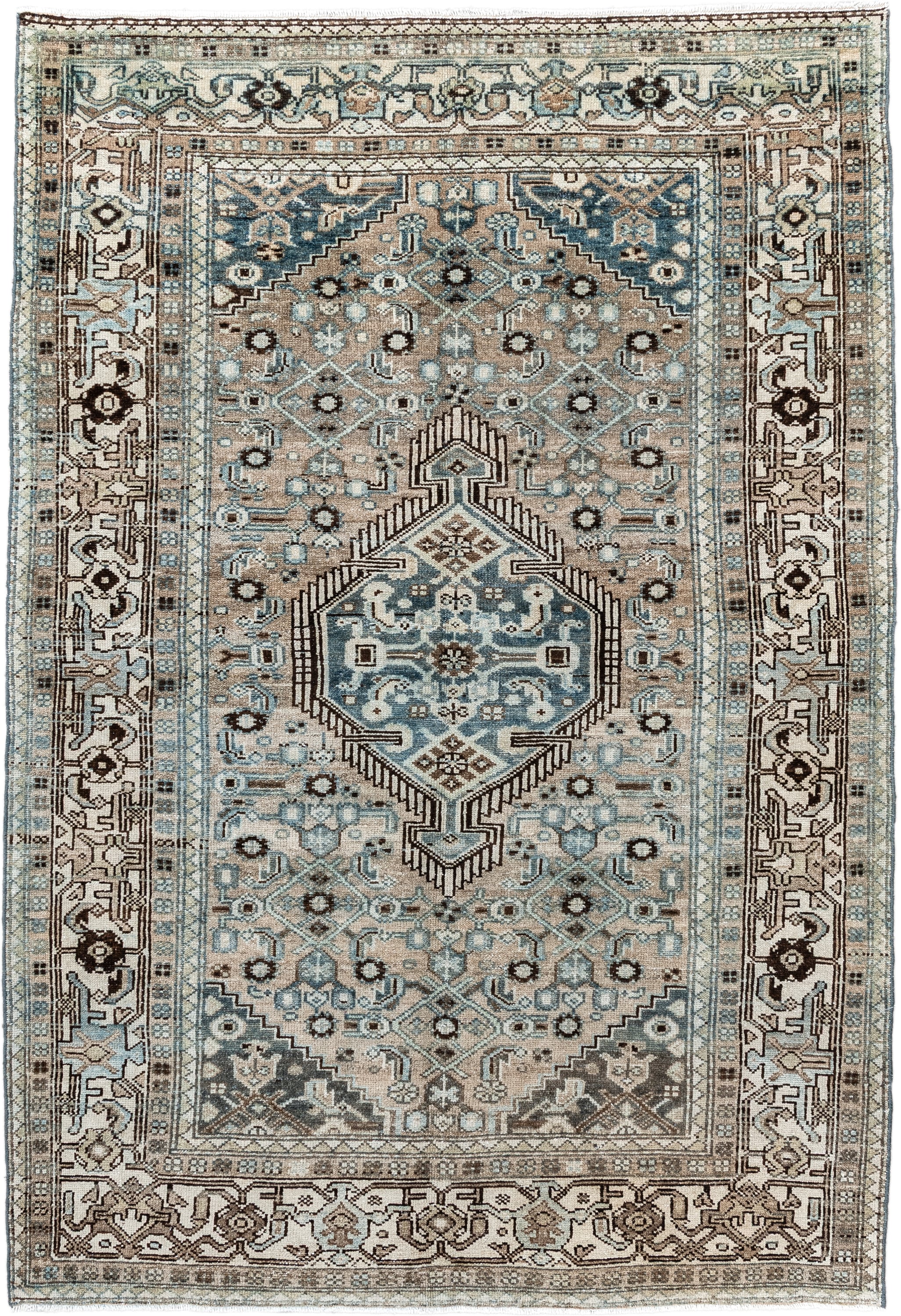 4' x 6' one-of-a-kind handmade antique Malayer small size rug. Color palette: ivory, taupe, pale_blue, brown, slate, camel