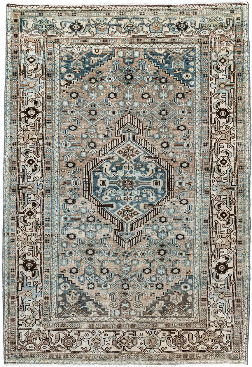 4' x 6' one-of-a-kind handmade antique Malayer small size rug. Color palette: ivory, taupe, pale_blue, brown, slate, camel