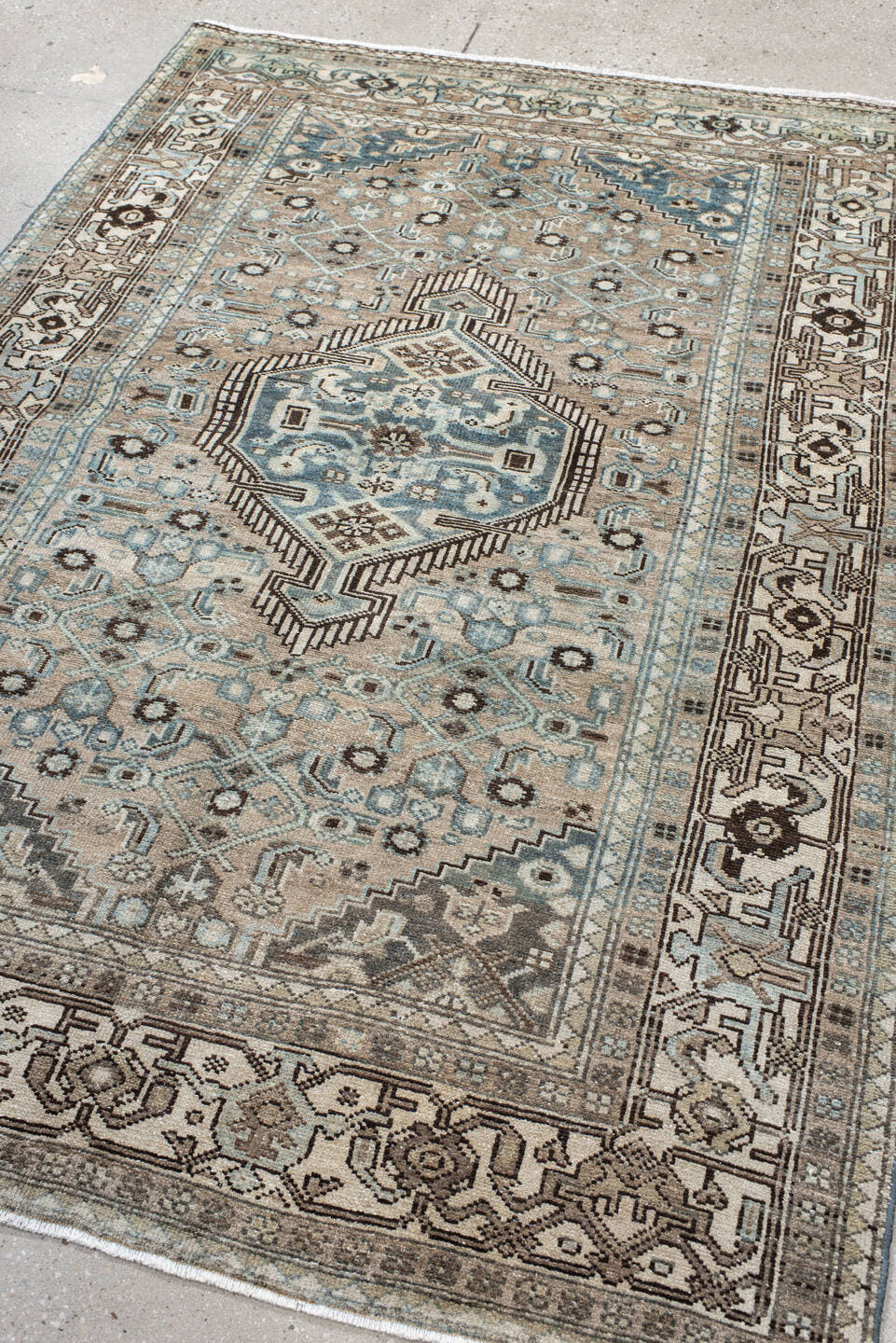 4' x 6' one-of-a-kind handmade antique Malayer small size rug. Color palette: ivory, taupe, pale_blue, brown, slate, camel