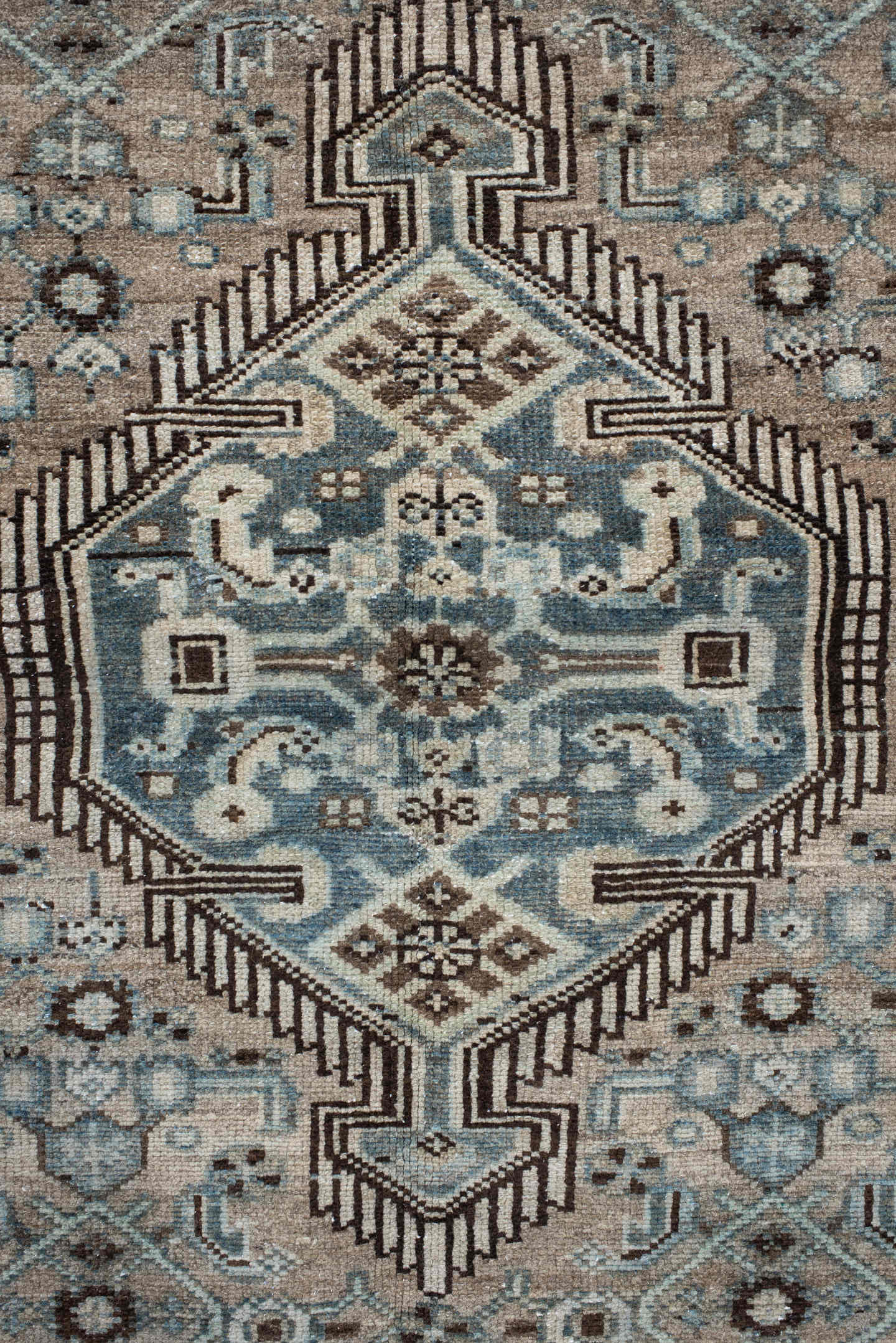 4' x 6' one-of-a-kind handmade antique Malayer small size rug. Color palette: ivory, taupe, pale_blue, brown, slate, camel