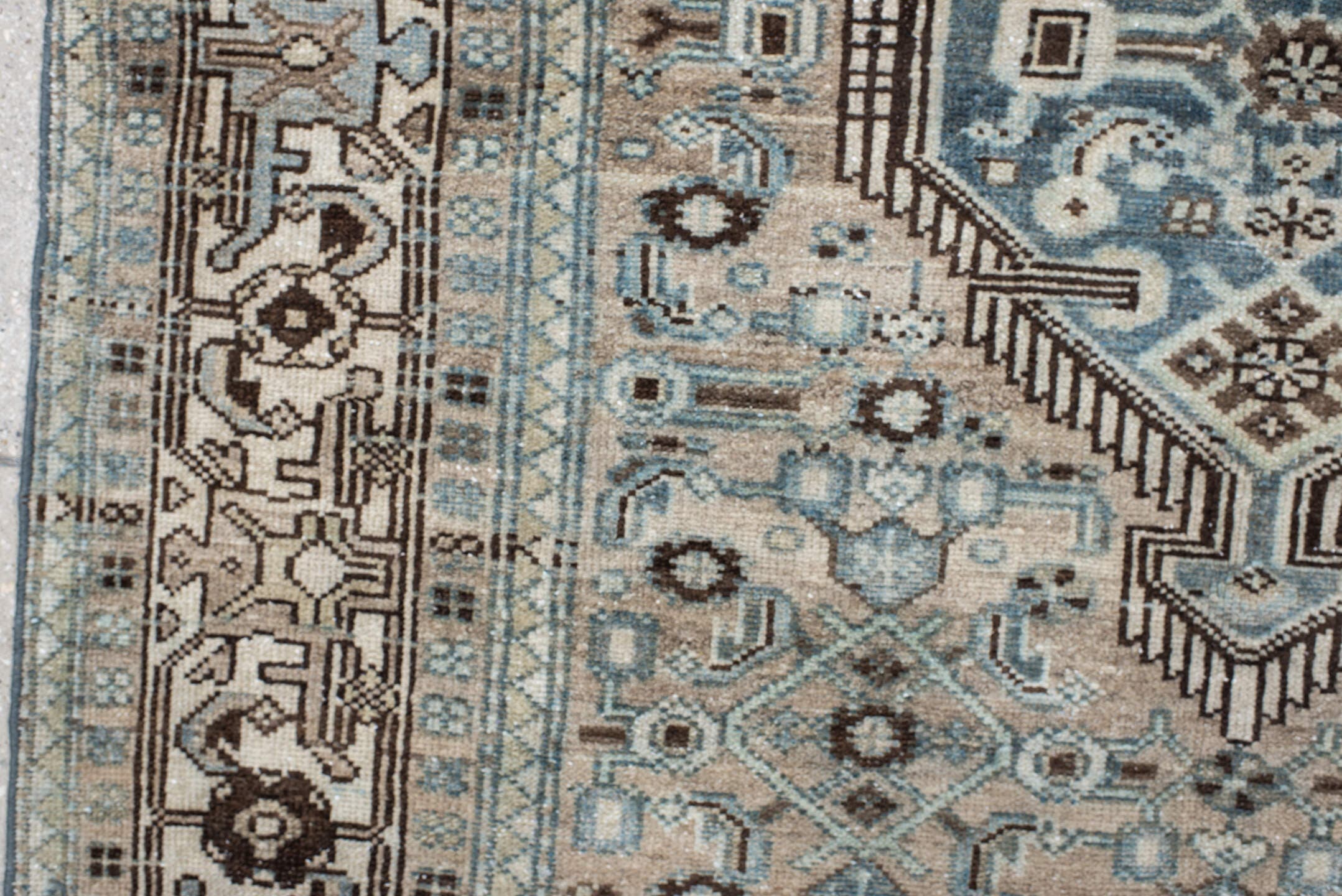 4' x 6' one-of-a-kind handmade antique Malayer small size rug. Color palette: ivory, taupe, pale_blue, brown, slate, camel