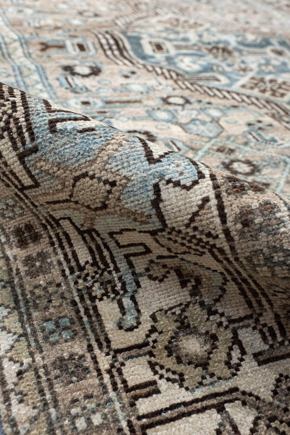 4' x 6' one-of-a-kind handmade antique Malayer small size rug. Color palette: ivory, taupe, pale_blue, brown, slate, camel