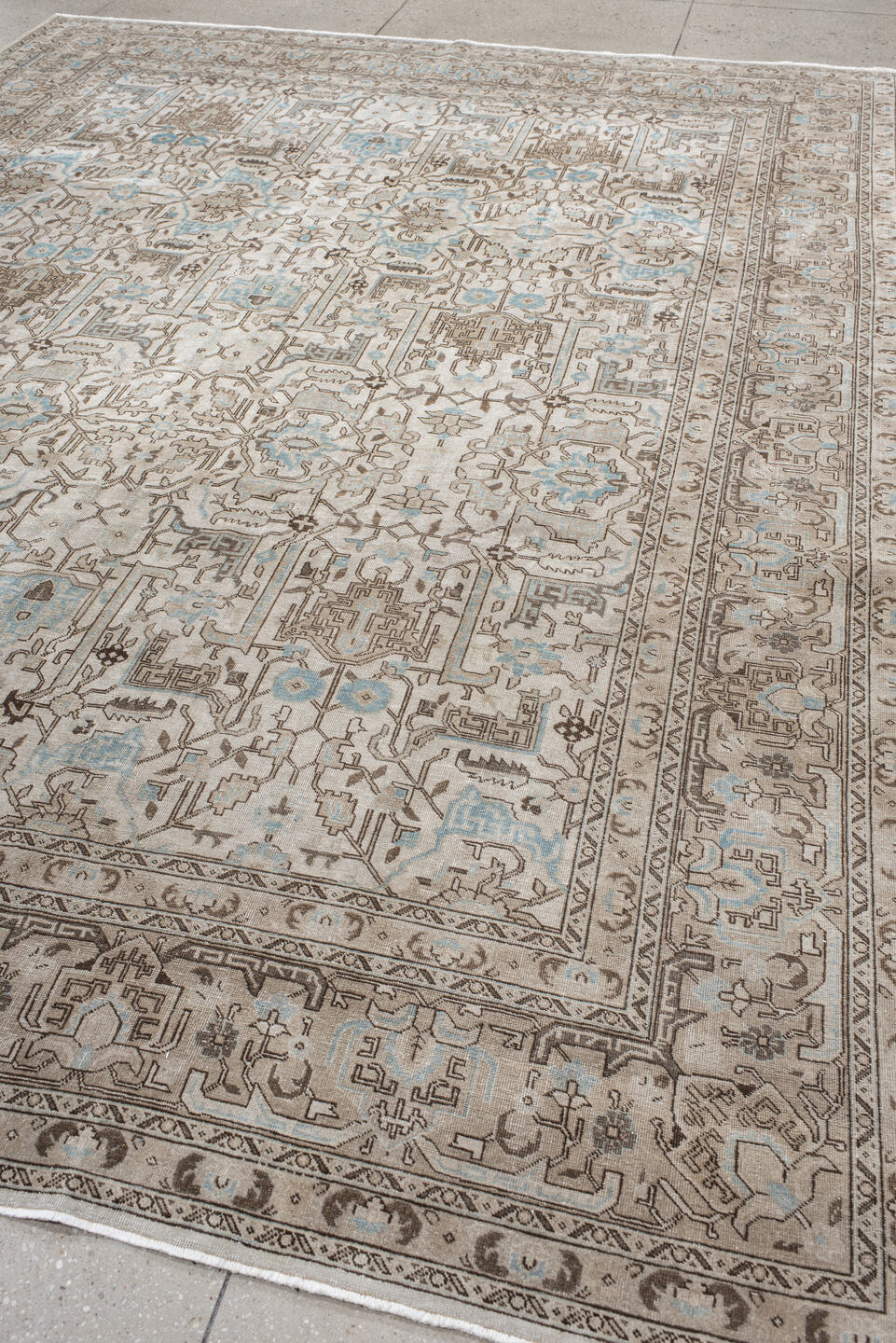 7' x 12' one-of-a-kind handmade vintage Tabriz large size rug. Color palette: ivory, taupe, sky_blue, brown, beige, gray