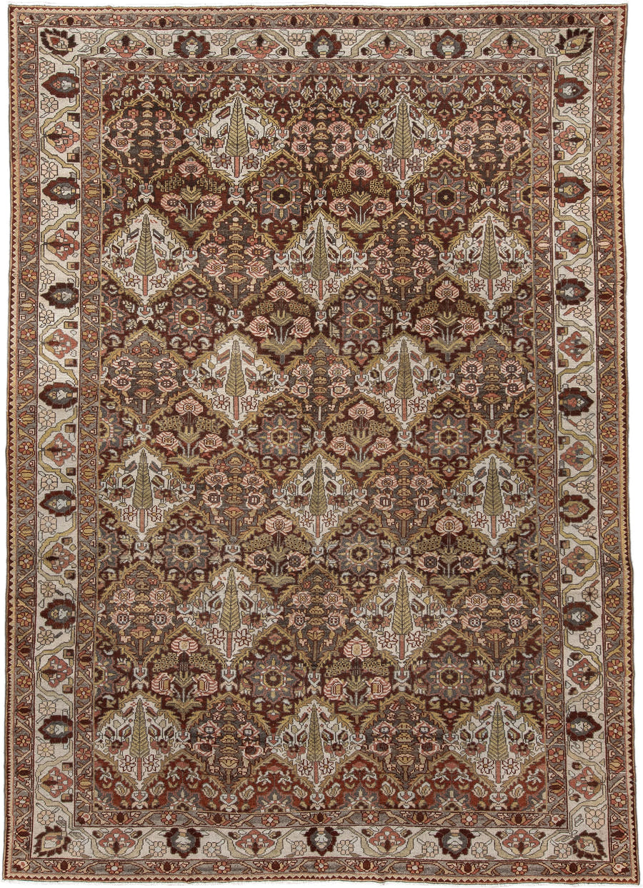 8' x 11' one-of-a-kind handmade antique Baktiary large size rug. Color palette: ivory, rust, brown, camel, taupe, sage, rose