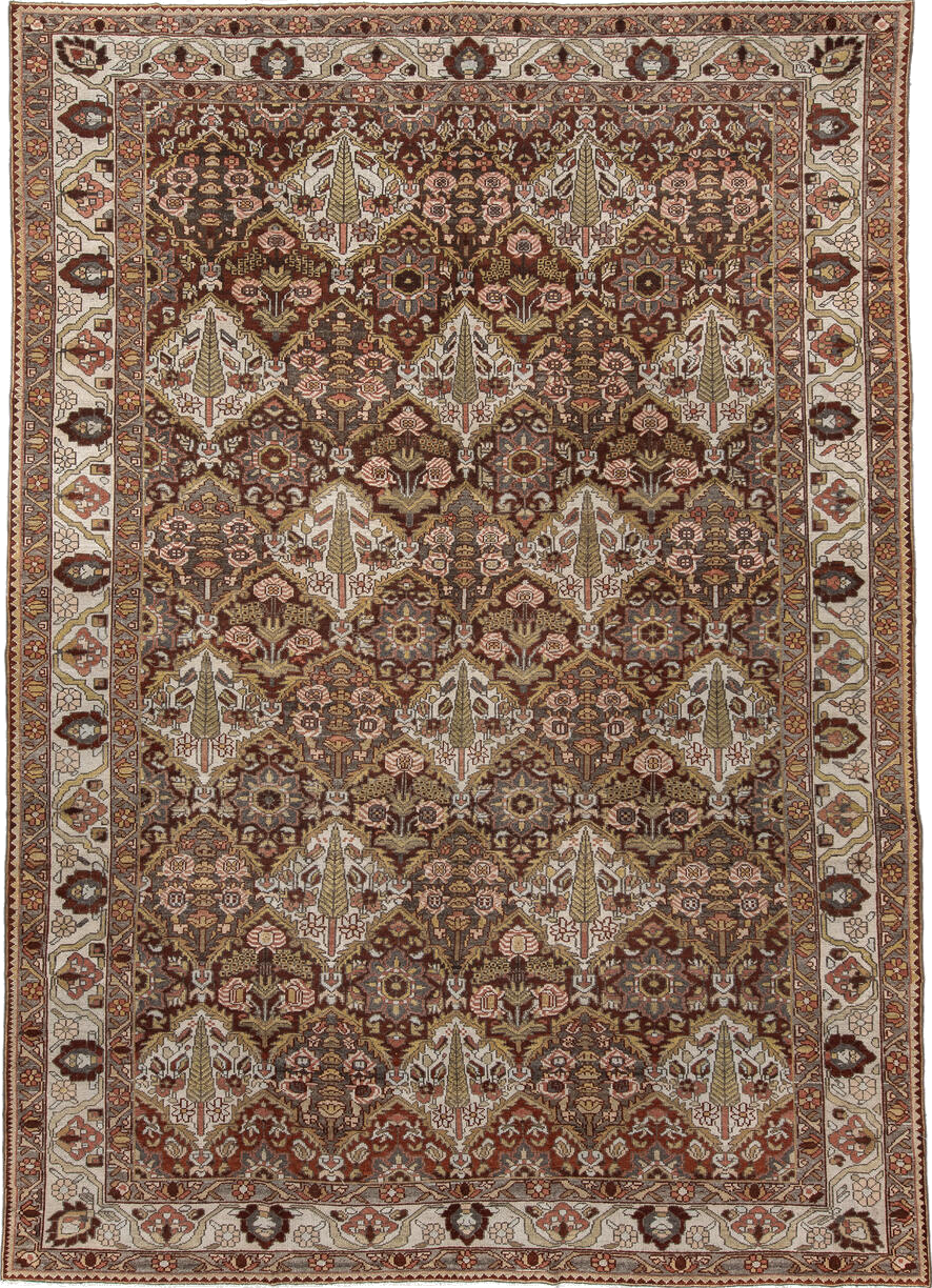 8' x 11' one-of-a-kind handmade vintage Baktiary large size rug. Color palette: brown, gray, light gray, off-white, orange