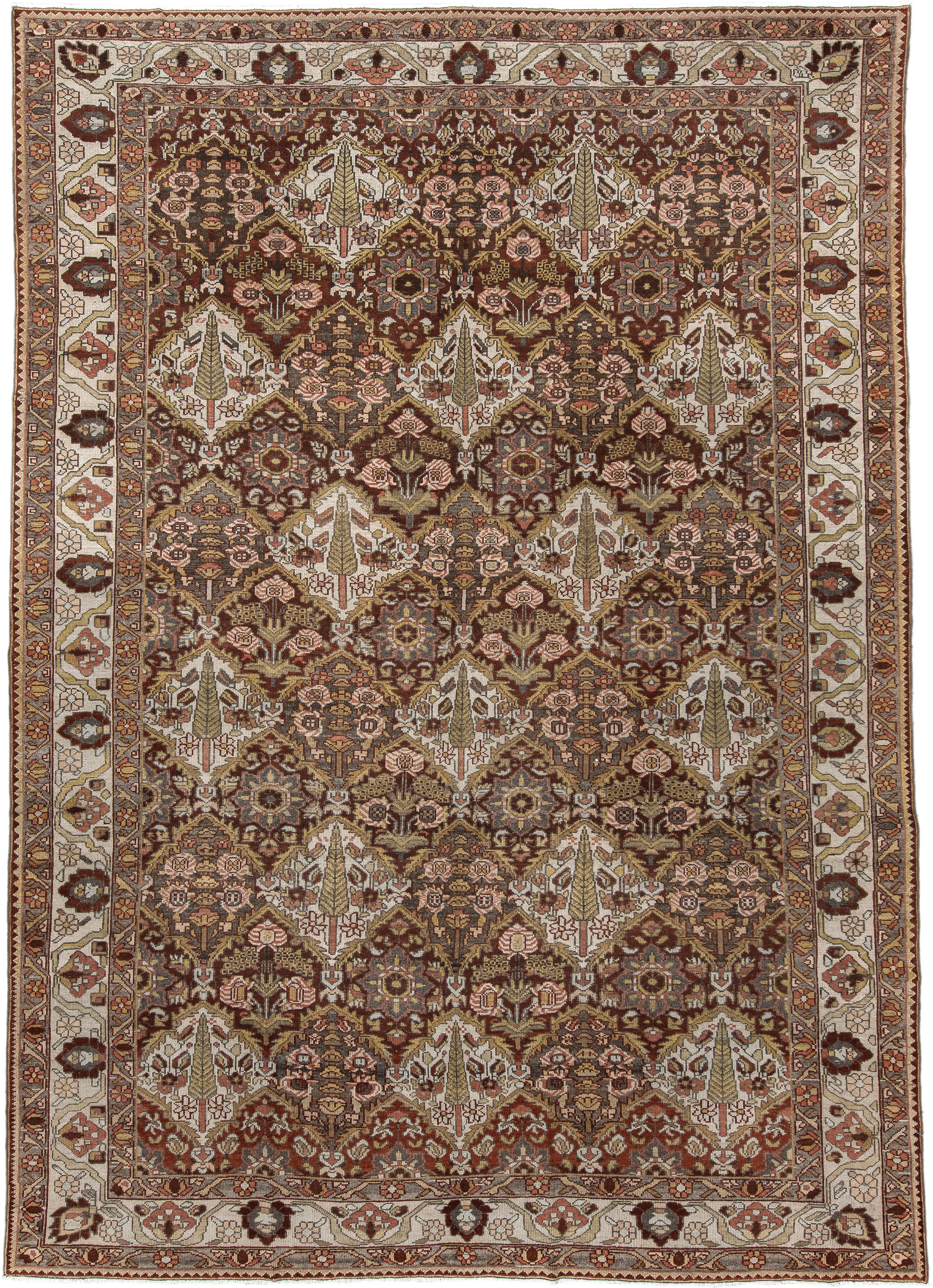 8' x 11' one-of-a-kind handmade antique Baktiary large size rug. Color palette: ivory, rust, brown, camel, taupe, sage, rose