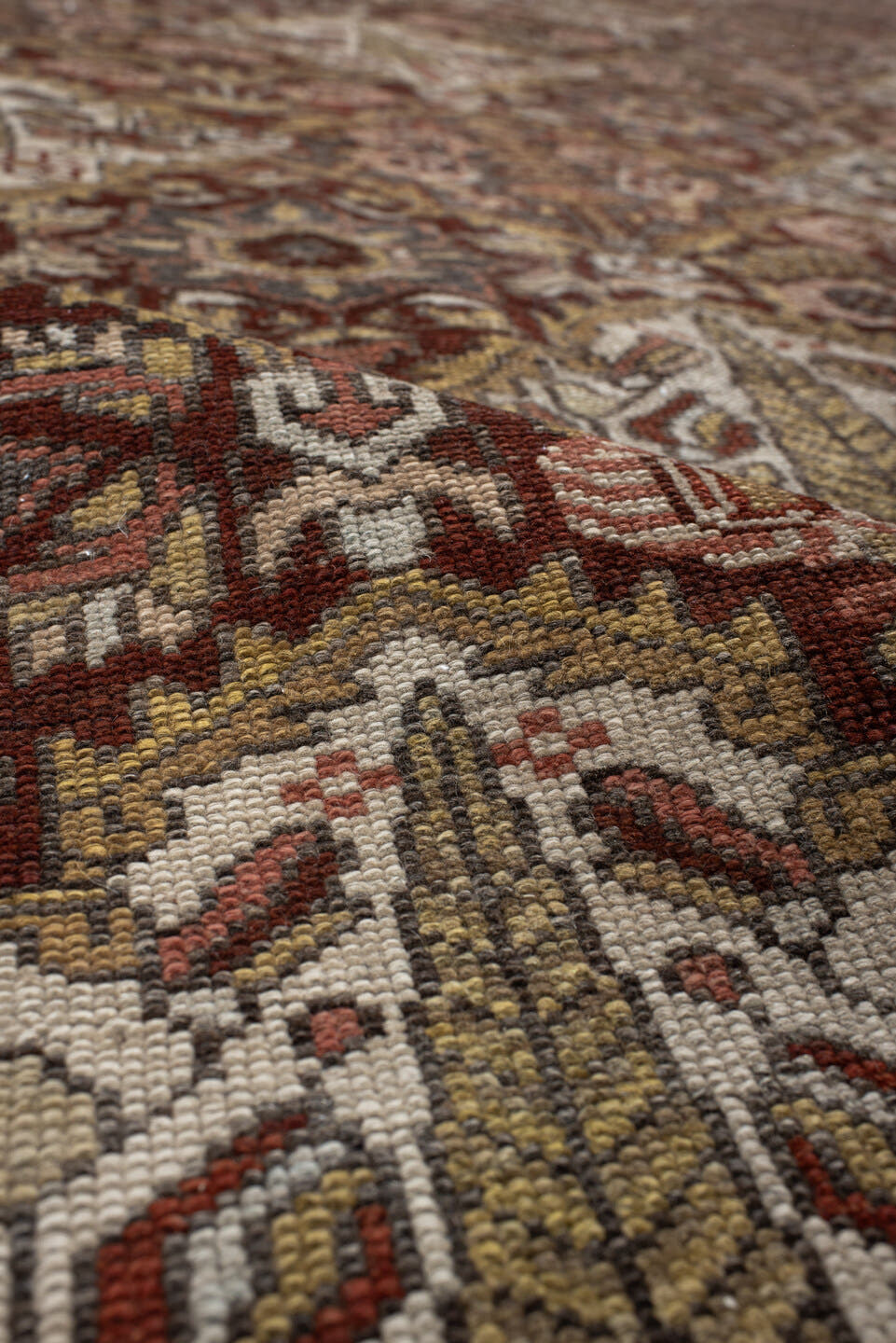 8' x 11' one-of-a-kind handmade antique Baktiary large size rug. Color palette: ivory, rust, brown, camel, taupe, sage, rose