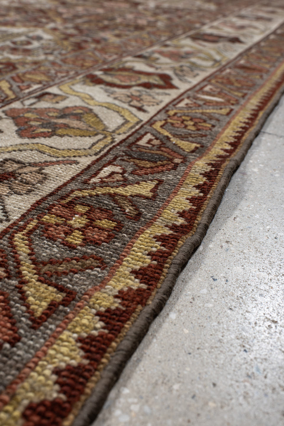 8' x 11' one-of-a-kind handmade antique Baktiary large size rug. Color palette: ivory, rust, brown, camel, taupe, sage, rose