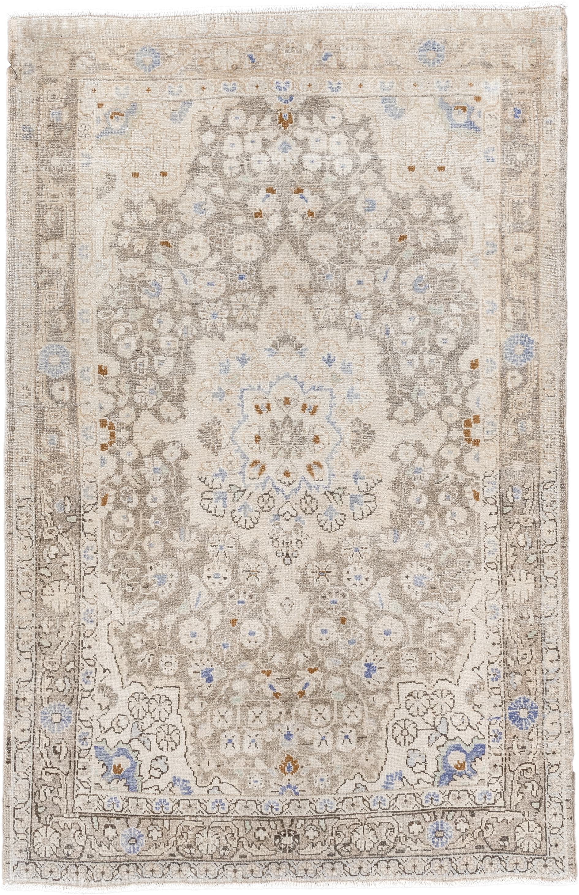 3' x 5' one-of-a-kind handmade vintage Sarouk small size rug. Color palette: ivory, taupe, beige, pale blue, camel, gray