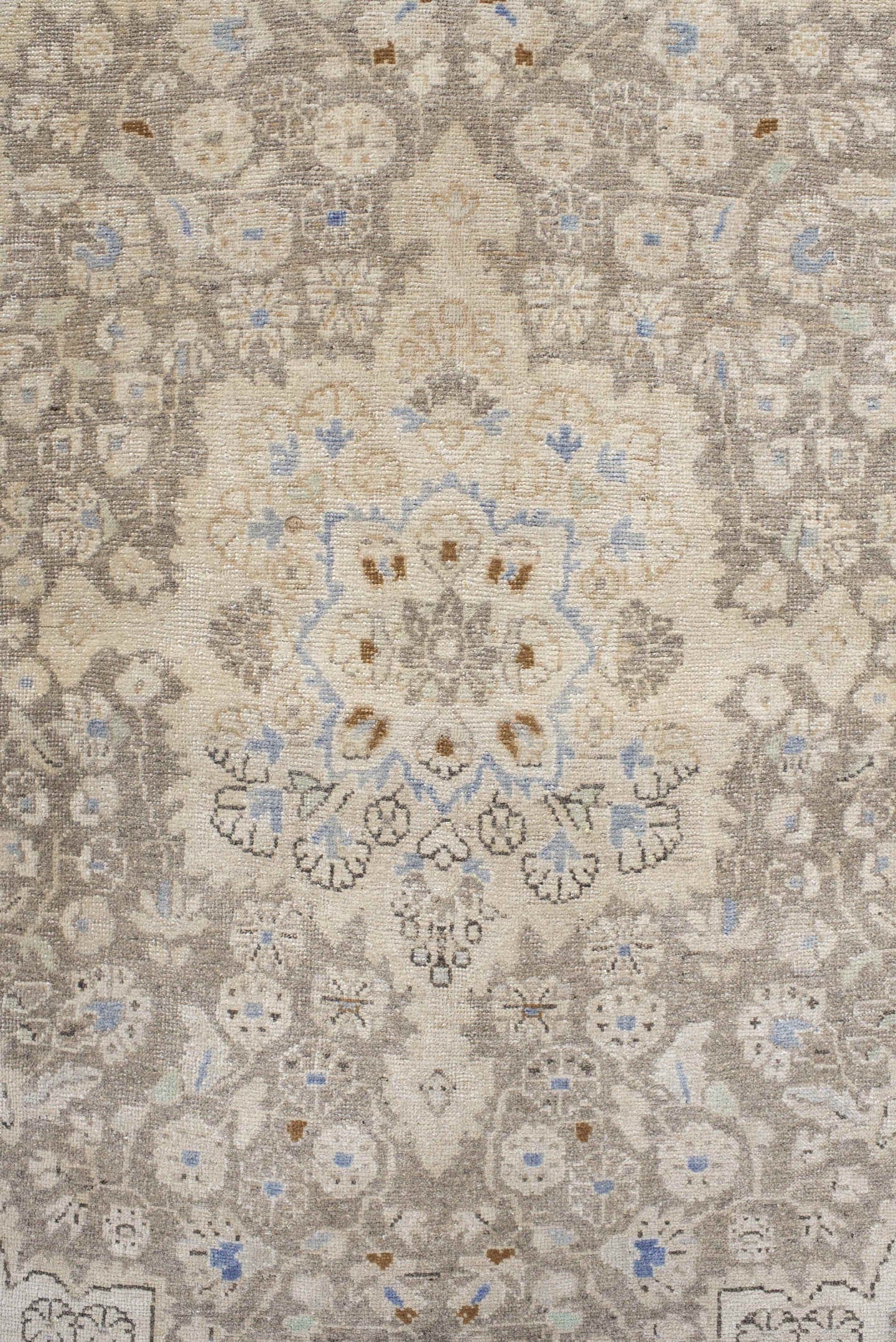 3' x 5' one-of-a-kind handmade vintage Sarouk small size rug. Color palette: ivory, taupe, beige, pale blue, camel, gray