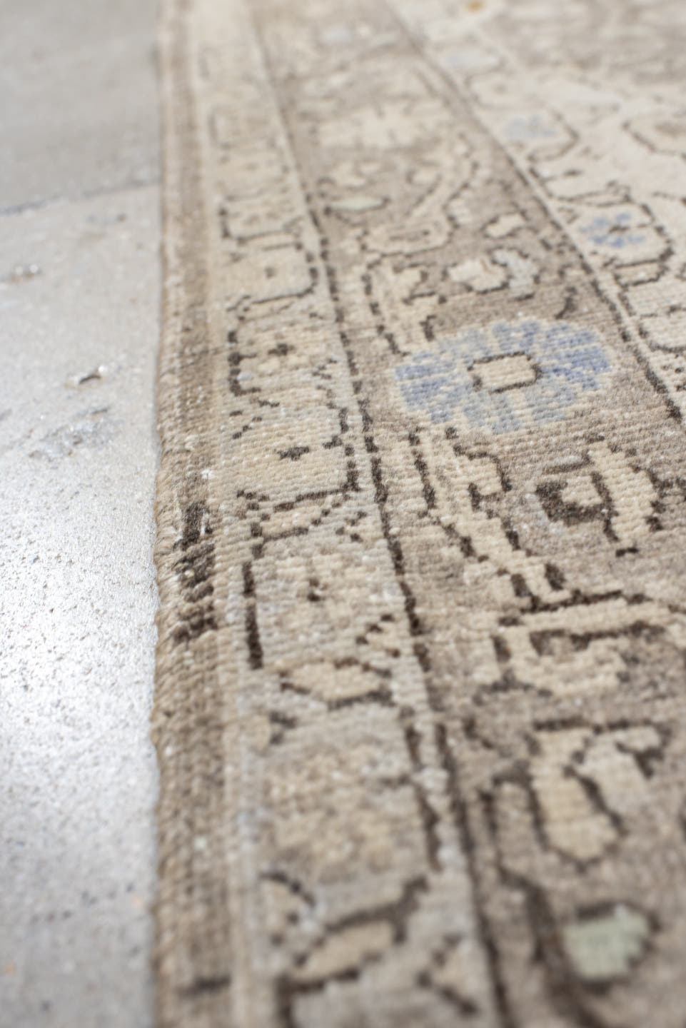 3' x 5' one-of-a-kind handmade vintage Sarouk small size rug. Color palette: ivory, taupe, beige, pale blue, camel, gray