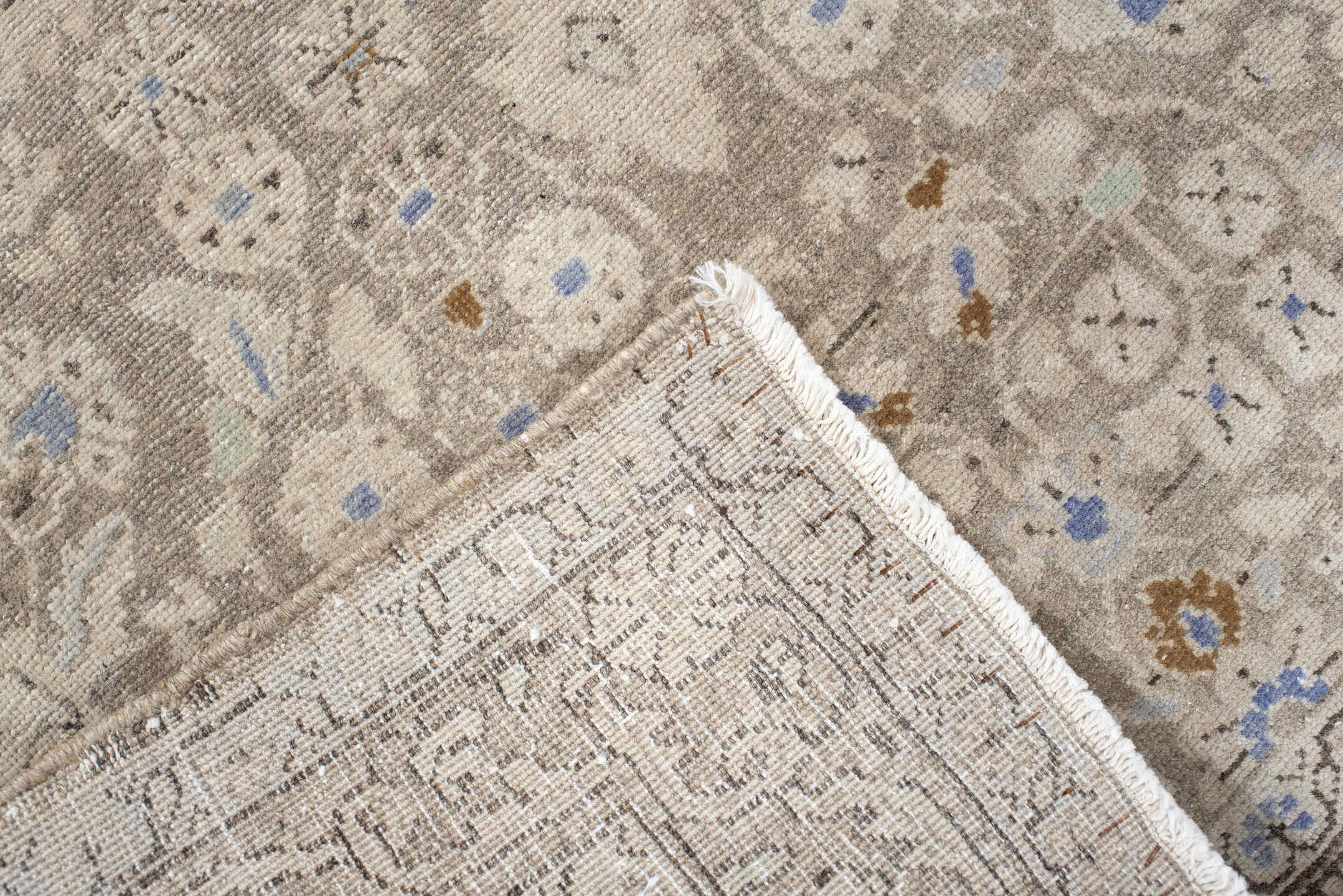 3' x 5' one-of-a-kind handmade vintage Sarouk small size rug. Color palette: ivory, taupe, beige, pale blue, camel, gray