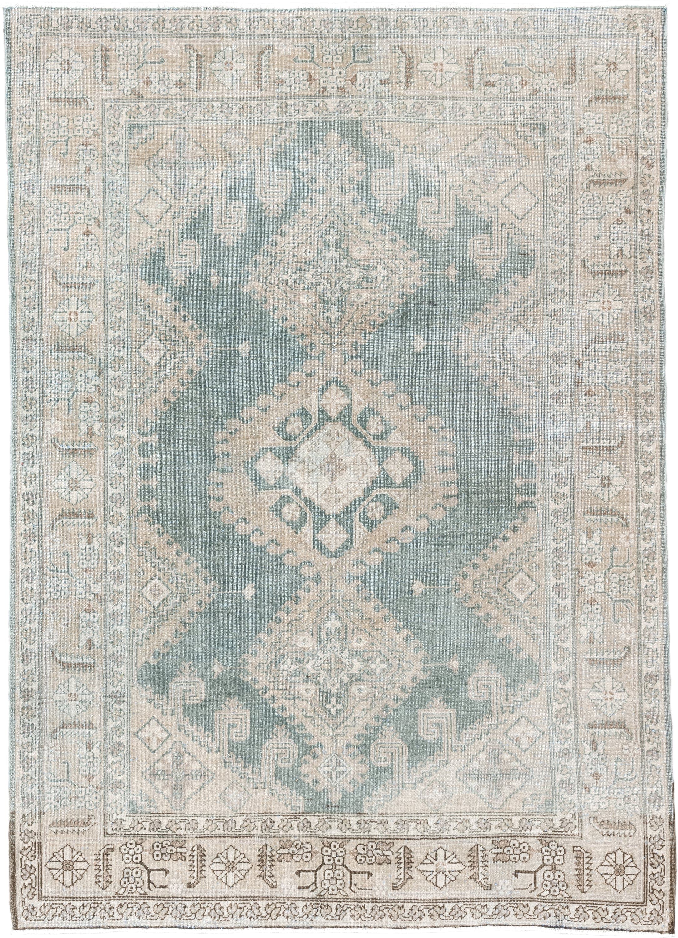 4' x 6' one-of-a-kind handmade antique Sparta small size rug. Color palette: pale blue, ivory, beige, taupe, light gray