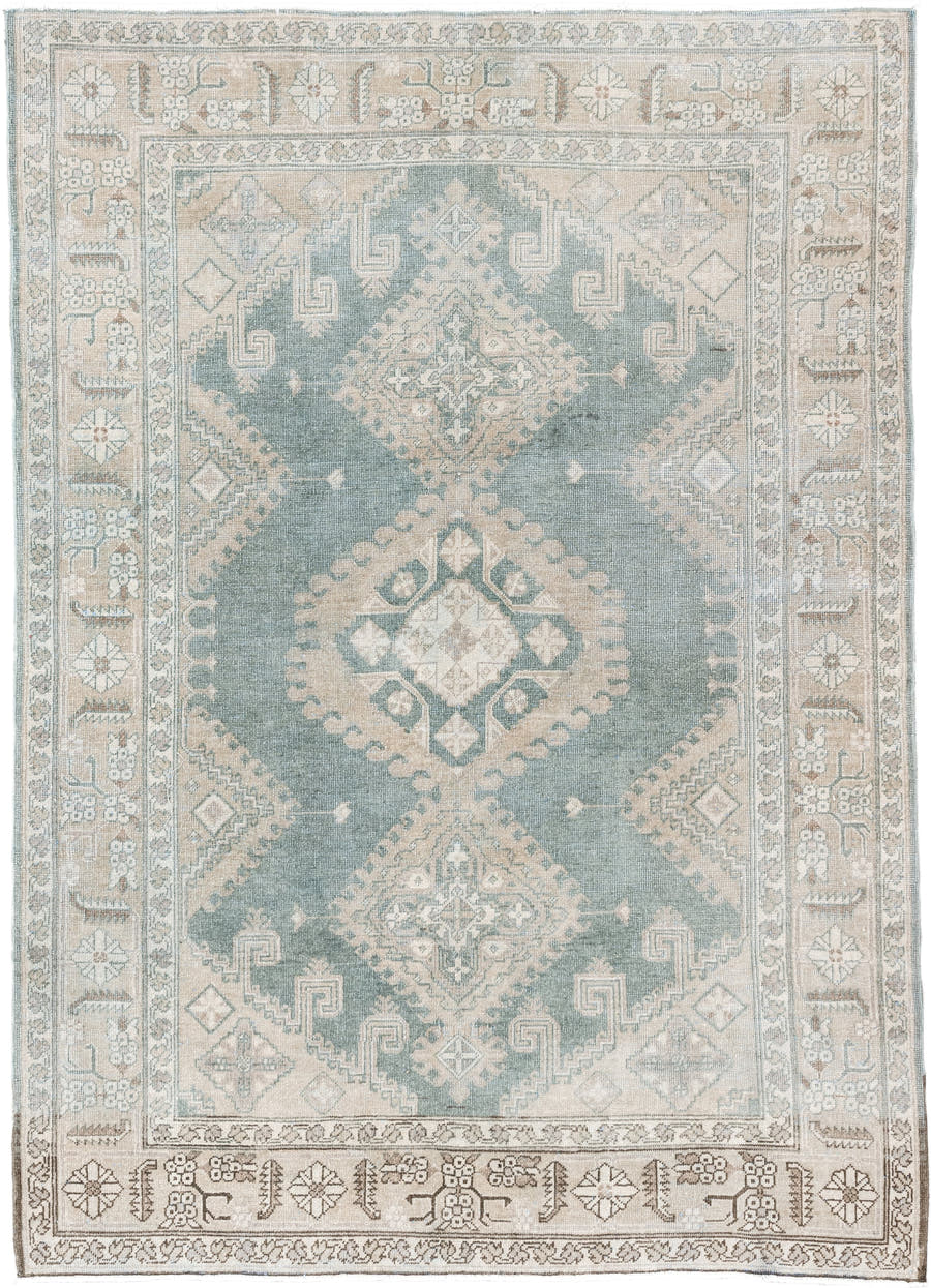 4' x 6' one-of-a-kind handmade antique Sparta small size rug. Color palette: pale blue, ivory, beige, taupe, light gray