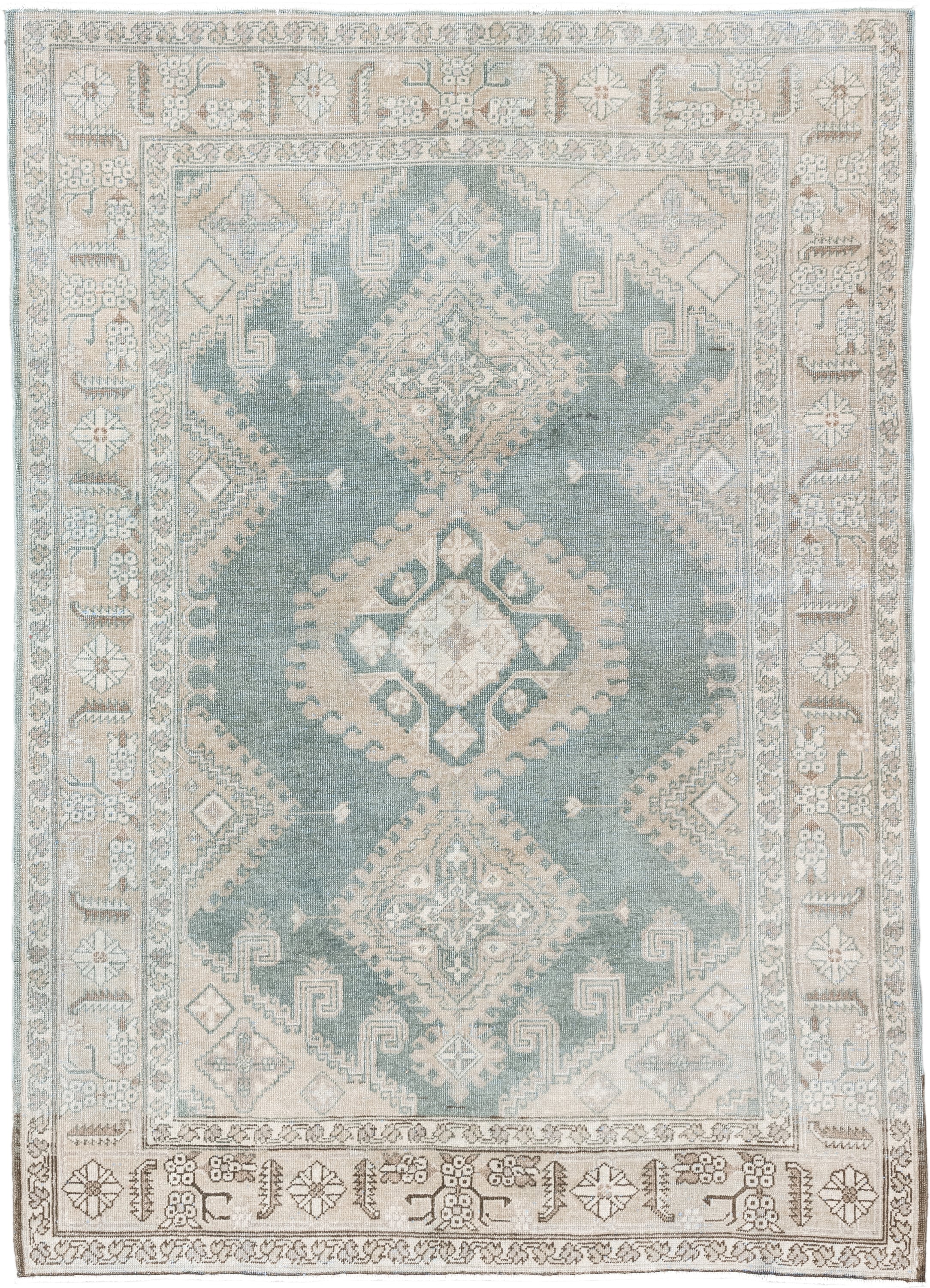 4' x 6' one-of-a-kind handmade antique Sparta small size rug. Color palette: pale blue, ivory, beige, taupe, light gray