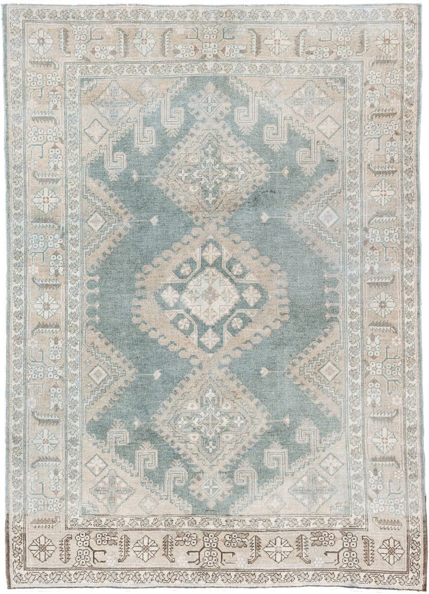 4' x 6' one-of-a-kind handmade antique Sparta small size rug. Color palette: pale blue, ivory, beige, taupe, light gray