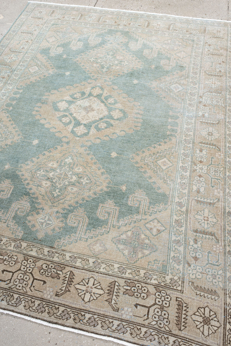 4' x 6' one-of-a-kind handmade antique Sparta small size rug. Color palette: pale blue, ivory, beige, taupe, light gray