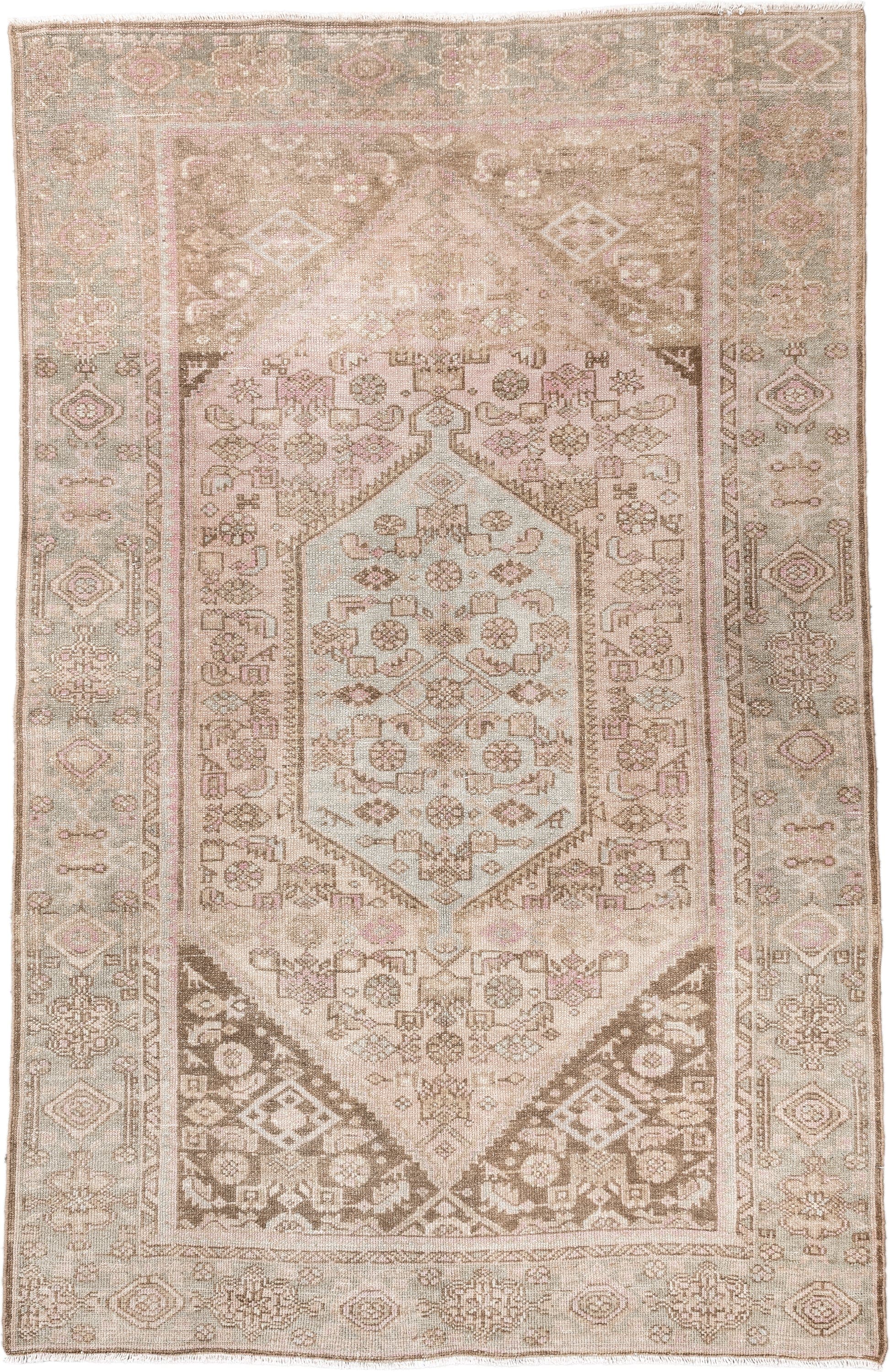 4' x 6' one-of-a-kind handmade antique Hamadan small size rug. Color palette: ivory, taupe, blush, sage, camel, brown, beige