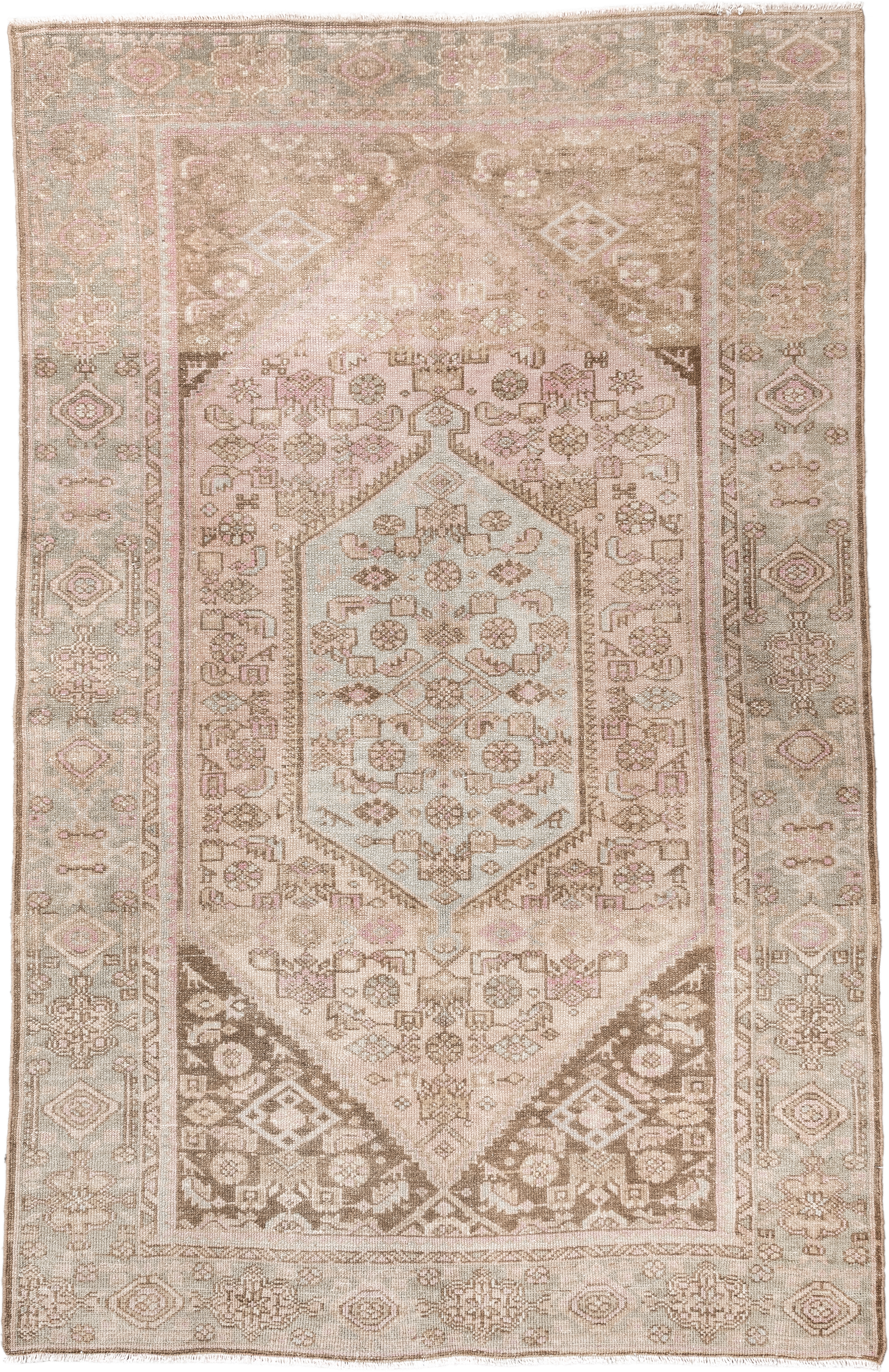 4' x 6' one-of-a-kind handmade antique Hamadan small size rug. Color palette: ivory, taupe, blush, sage, camel, brown, beige