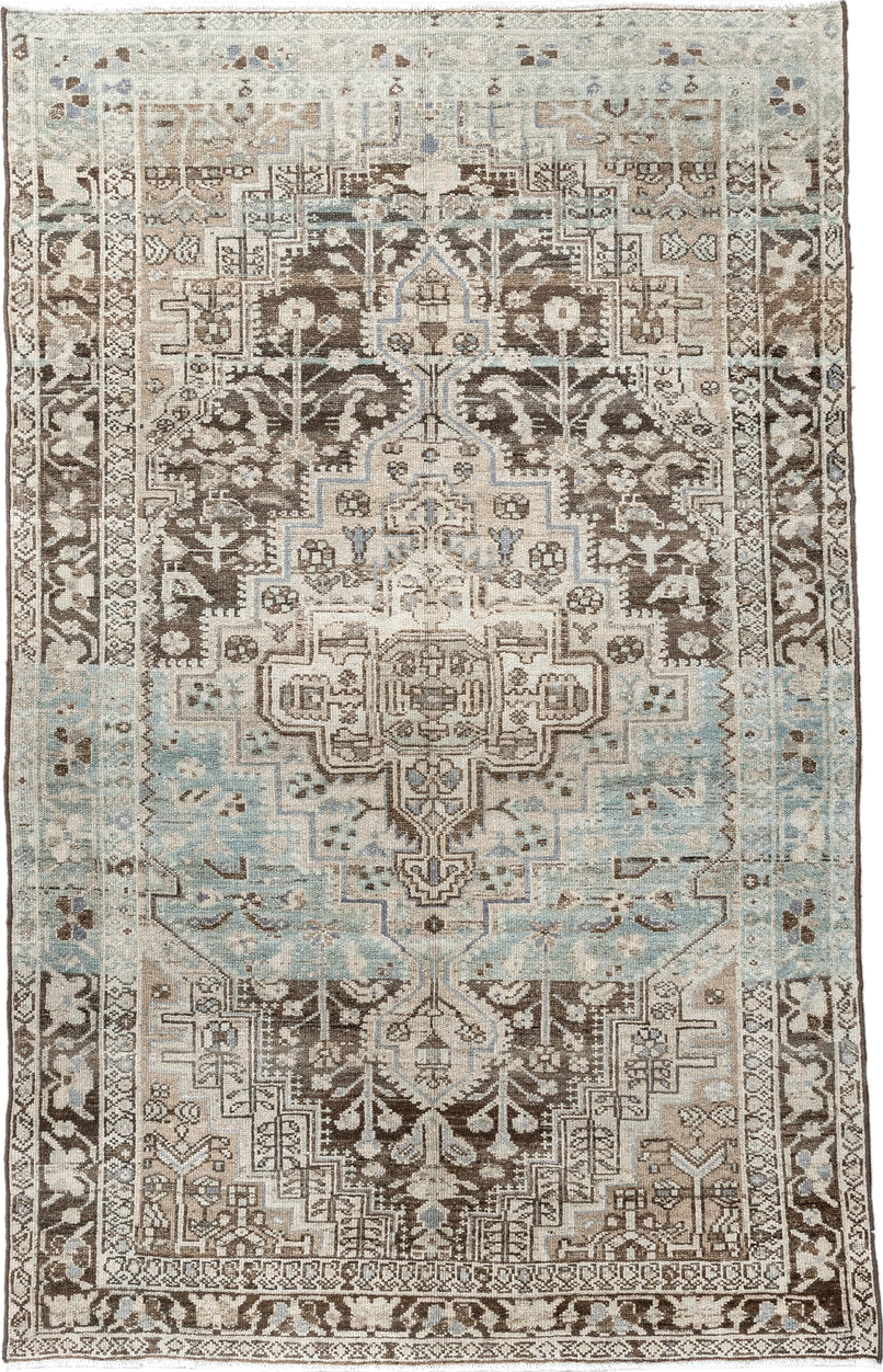 4' x 6' one-of-a-kind handmade vintage Hamadan small size rug. Color palette: ivory, brown, sky blue, taupe, camel, slate