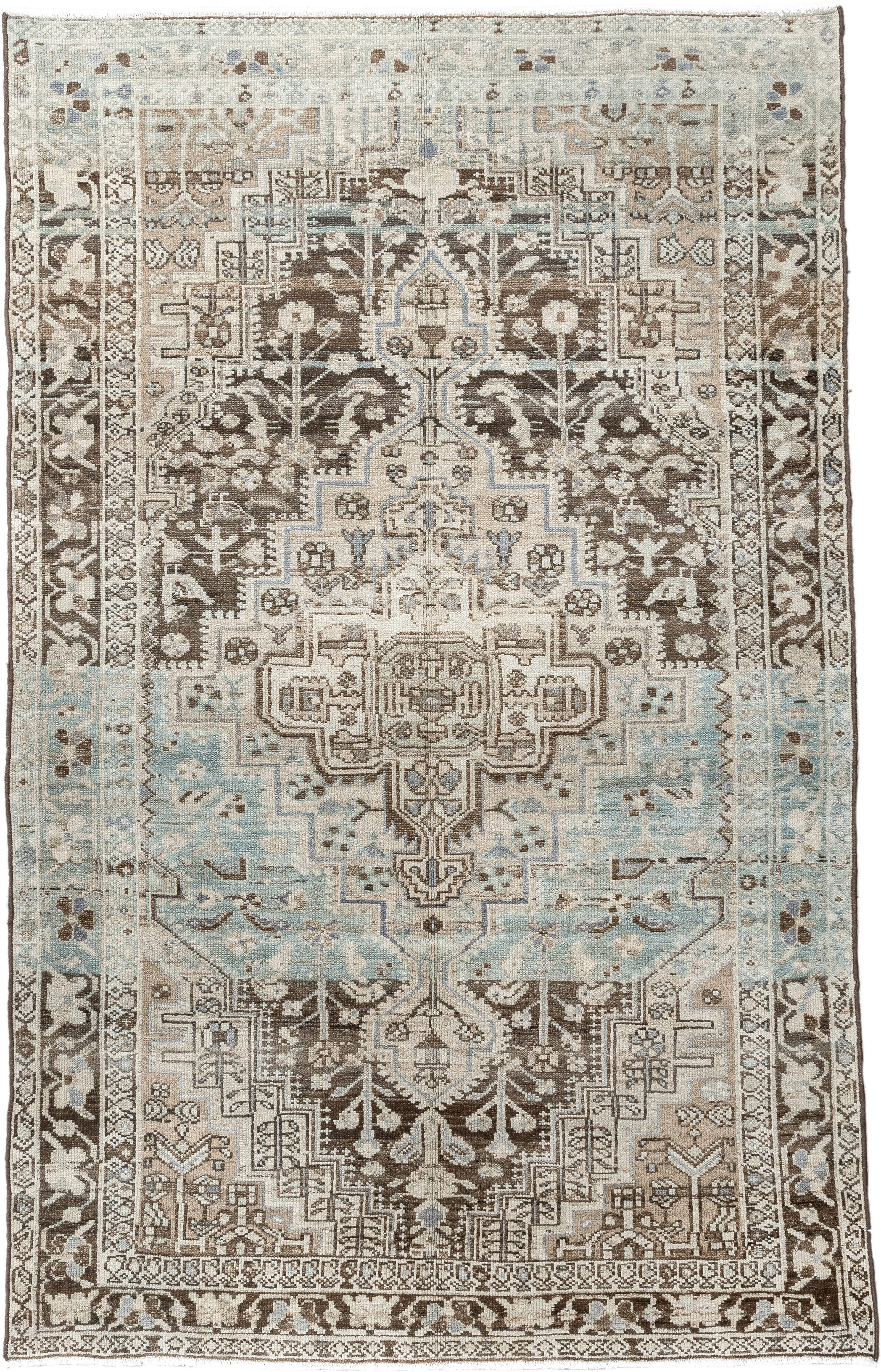 4' x 6' one-of-a-kind handmade vintage Hamadan small size rug. Color palette: ivory, brown, sky blue, taupe, camel, slate
