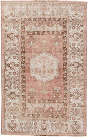 3' x 5' one-of-a-kind handmade antique Anatolian small size rug. Color palette: rose, ivory, taupe, brown, blush, camel