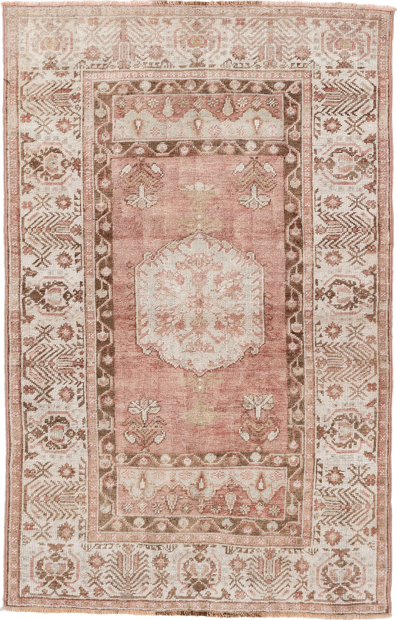 3' x 5' one-of-a-kind handmade antique Anatolian small size rug. Color palette: rose, ivory, taupe, brown, blush, camel