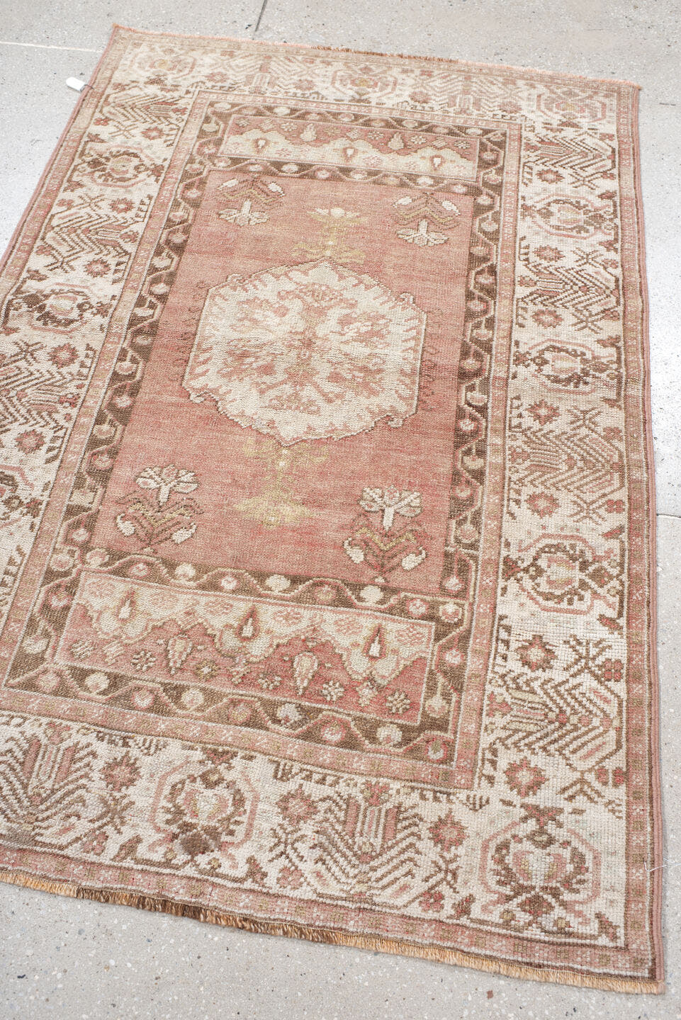 3' x 5' one-of-a-kind handmade antique Anatolian small size rug. Color palette: rose, ivory, taupe, brown, blush, camel