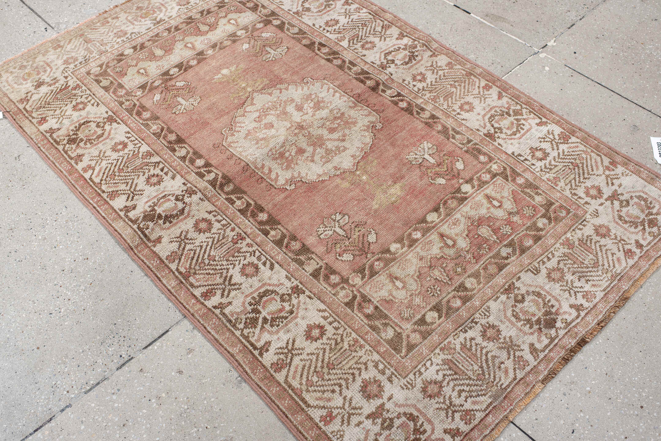 3' x 5' one-of-a-kind handmade antique Anatolian small size rug. Color palette: rose, ivory, taupe, brown, blush, camel