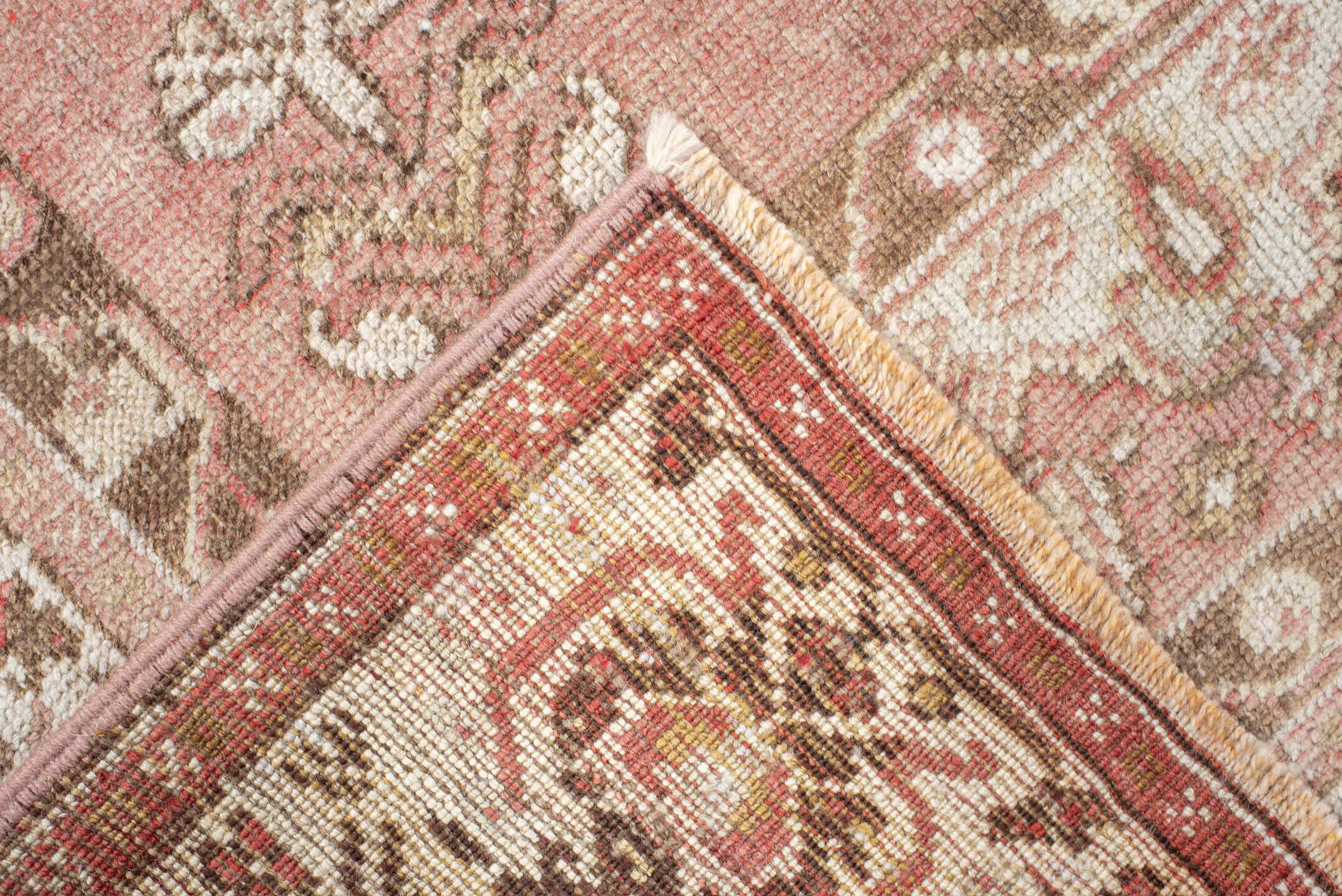 3' x 5' one-of-a-kind handmade antique Anatolian small size rug. Color palette: rose, ivory, taupe, brown, blush, camel