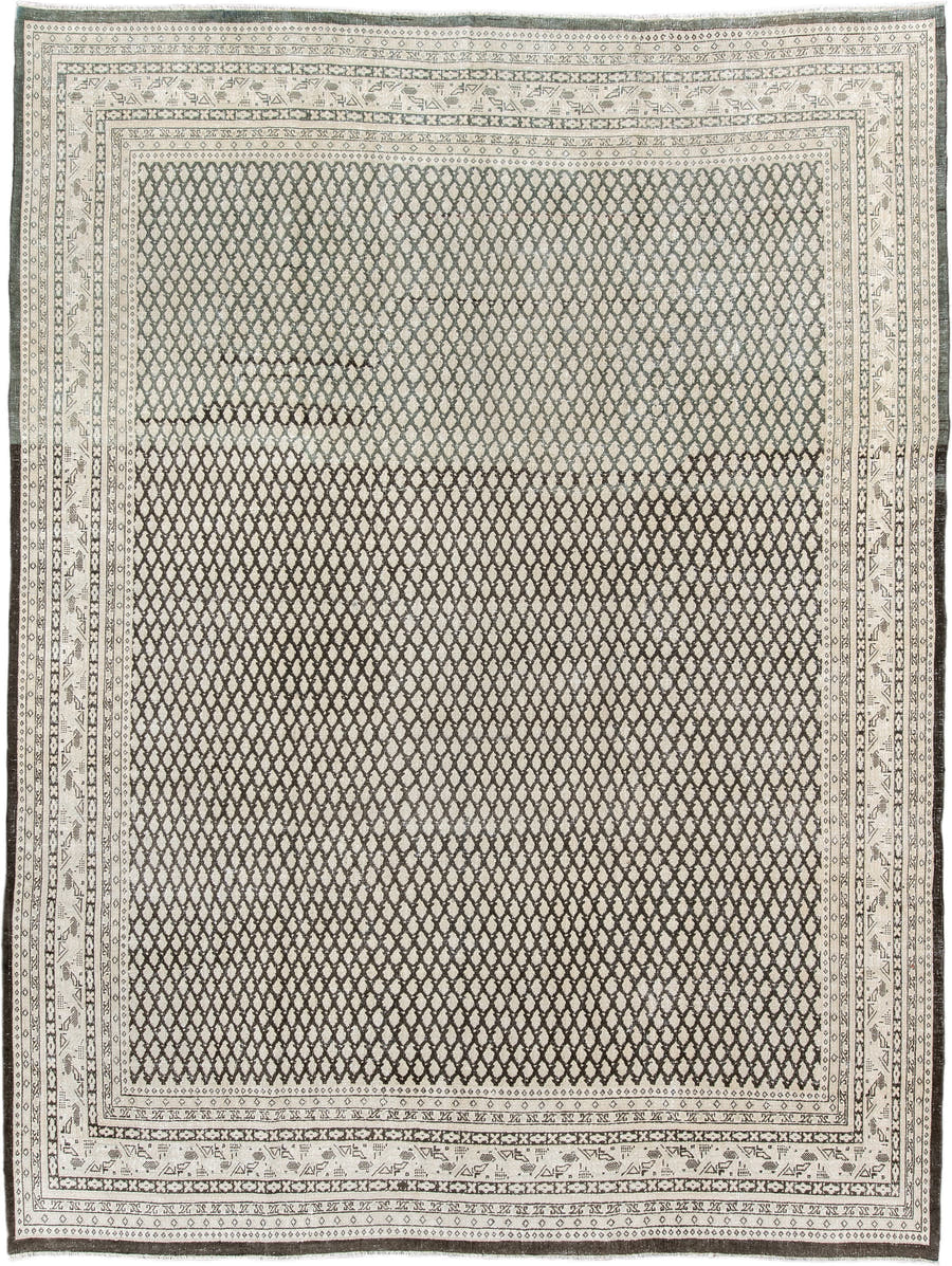 7' x 10' one-of-a-kind handmade antique Mir large size rug. Color palette: ivory, charcoal, taupe, brown, cream, sage, gray