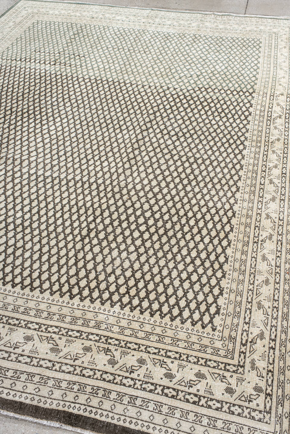 7' x 10' one-of-a-kind handmade vintage Mir large size rug. Color palette: black, floral white, gray, light gray, linen