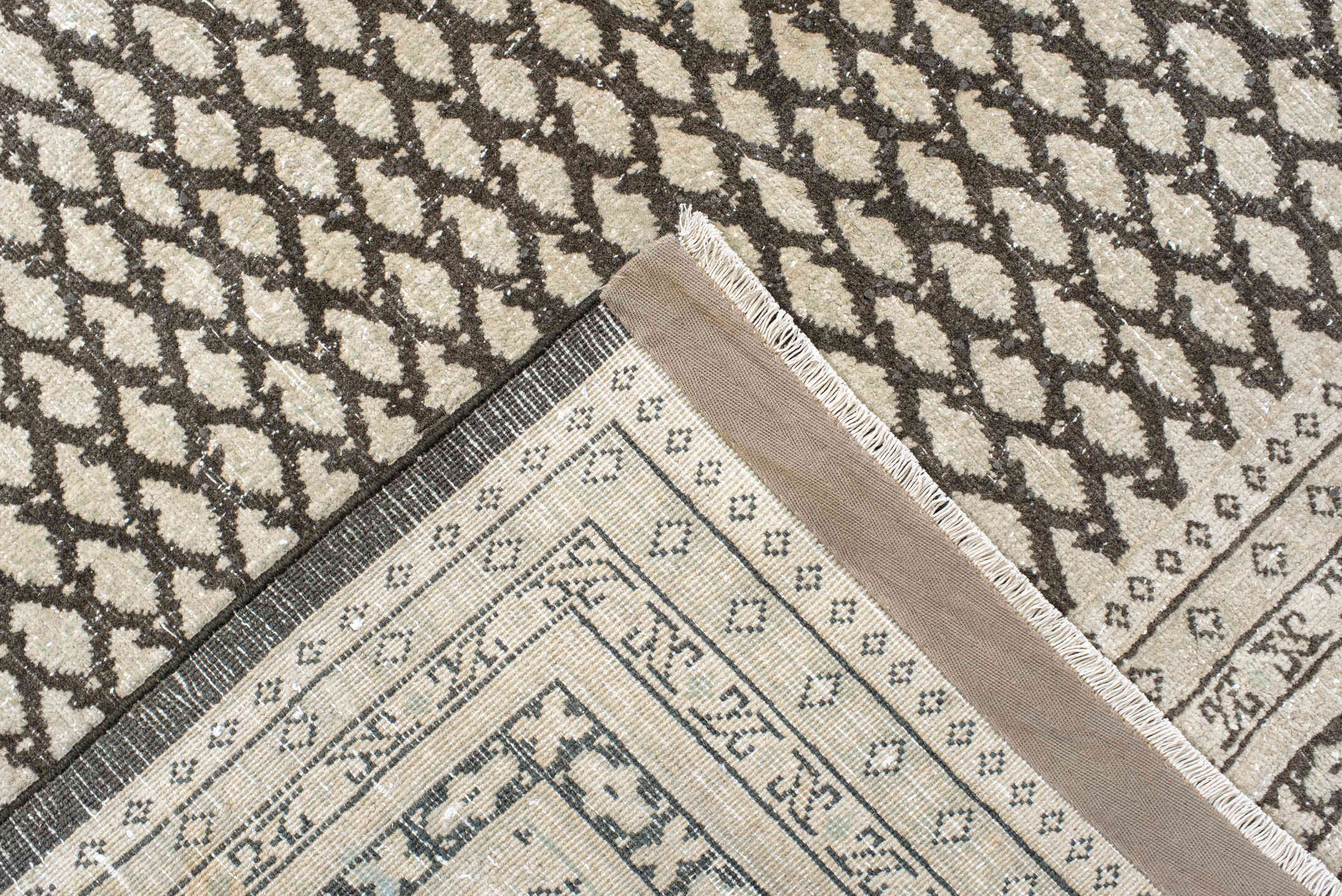 7' x 10' one-of-a-kind handmade vintage Mir large size rug. Color palette: black, floral white, gray, light gray, linen