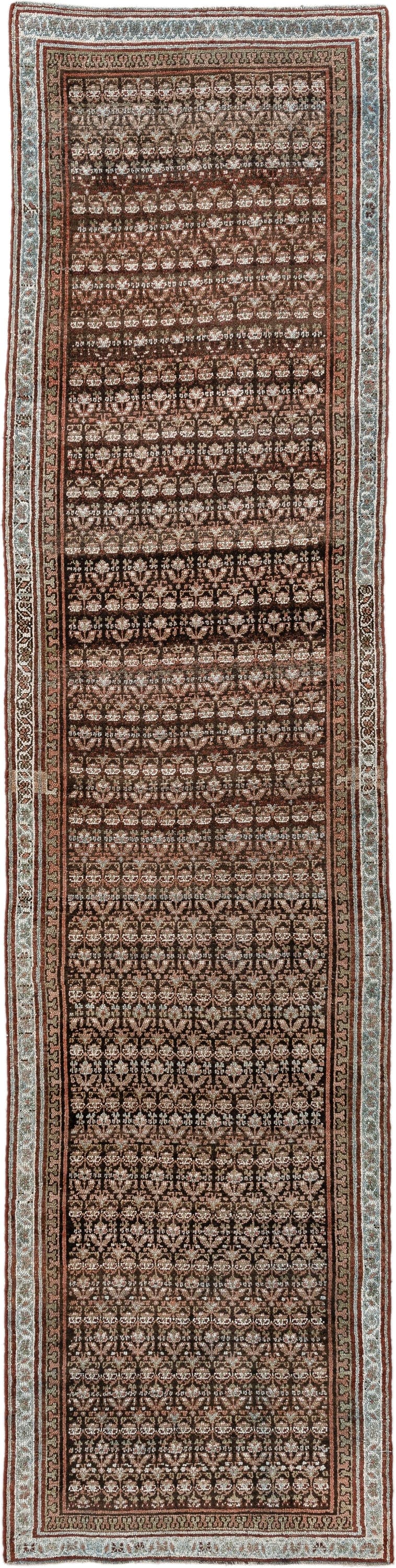 2' x 10' one-of-a-kind handmade antique NW Persian runner rug. Color palette: brown, ivory, rust, camel, taupe, charcoal