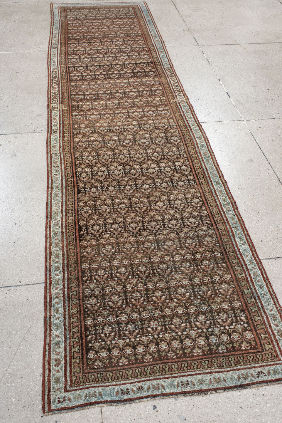 2' x 10' one-of-a-kind handmade antique NW Persian runner rug. Color palette: brown, ivory, rust, camel, taupe, charcoal