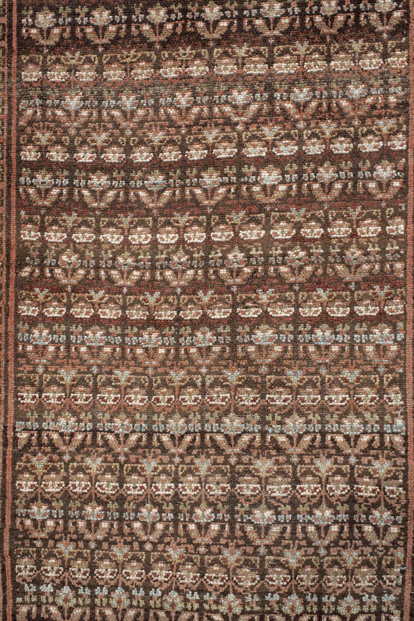 2' x 10' one-of-a-kind handmade antique NW Persian runner rug. Color palette: brown, ivory, rust, camel, taupe, charcoal