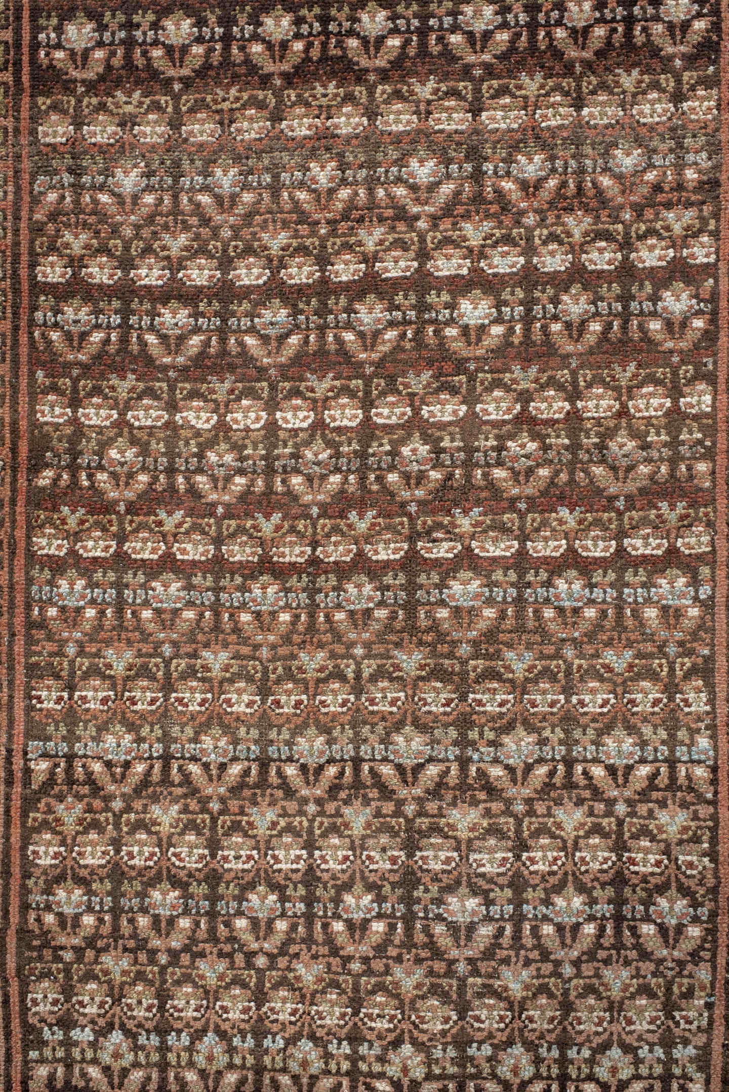 2' x 10' one-of-a-kind handmade antique NW Persian runner rug. Color palette: brown, ivory, rust, camel, taupe, charcoal