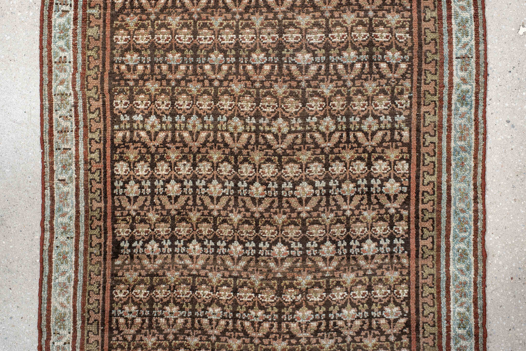 2' x 10' one-of-a-kind handmade antique NW Persian runner rug. Color palette: brown, ivory, rust, camel, taupe, charcoal
