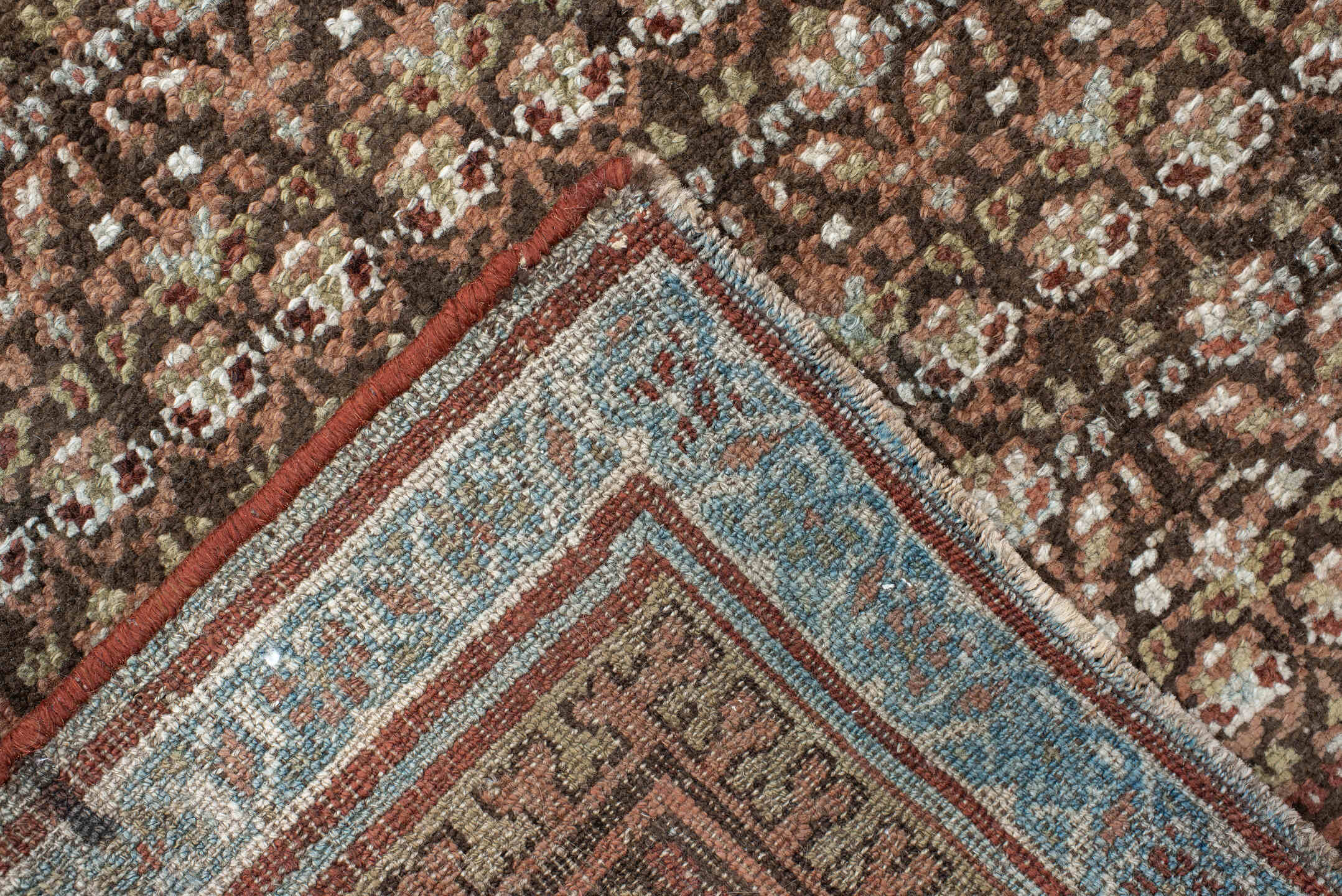 2' x 10' one-of-a-kind handmade antique NW Persian runner rug. Color palette: brown, ivory, rust, camel, taupe, charcoal