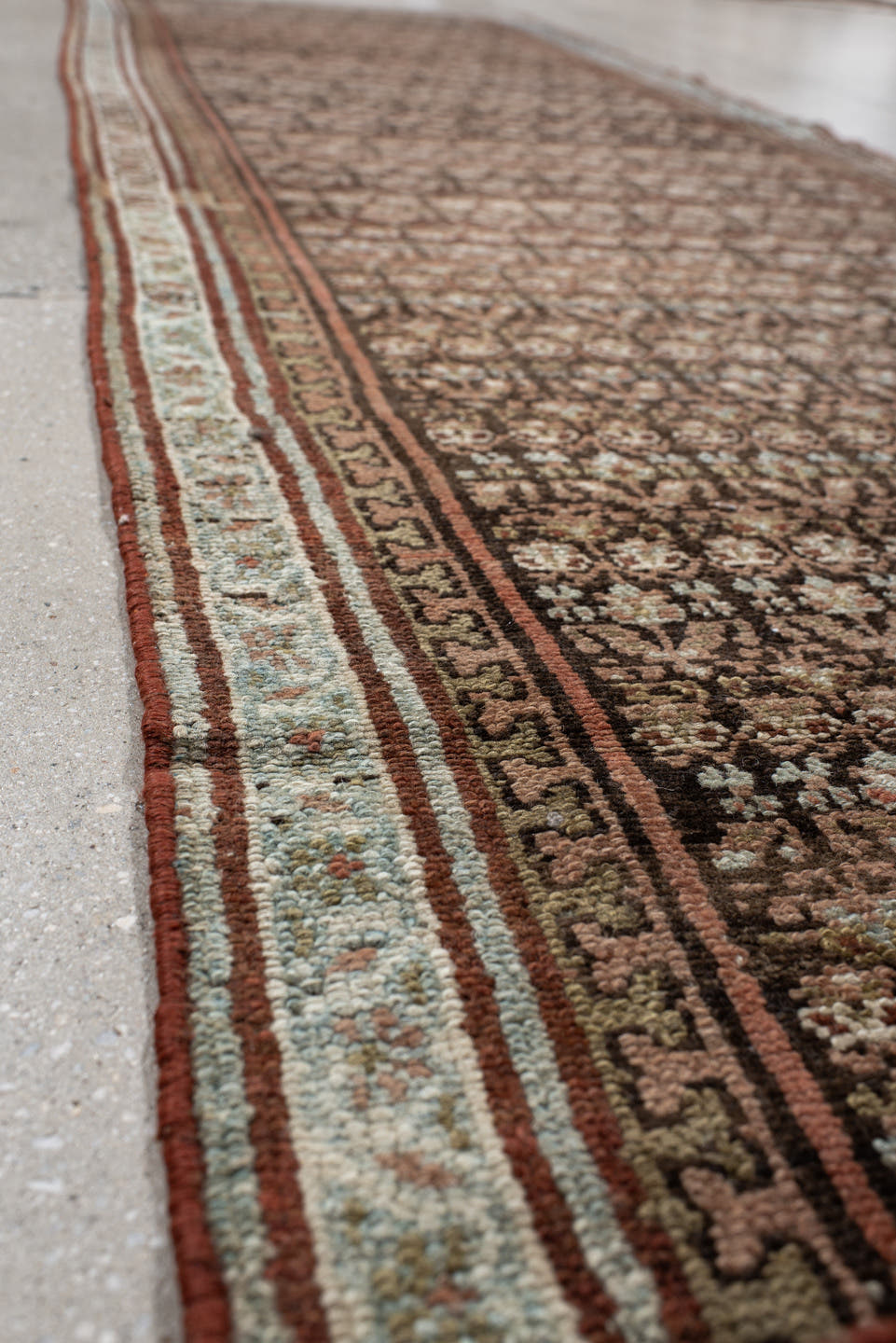 2' x 10' one-of-a-kind handmade antique NW Persian runner rug. Color palette: brown, ivory, rust, camel, taupe, charcoal
