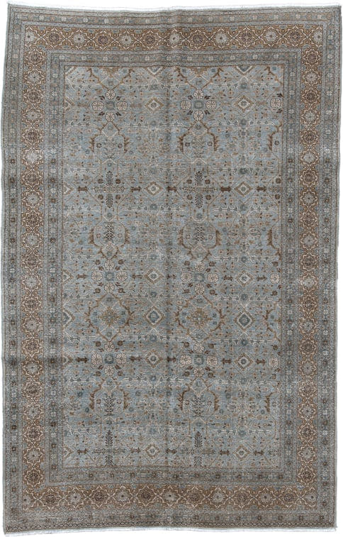 6' x 9' one-of-a-kind handmade vintage Tabriz medium size rug. Color palette: pale blue, taupe, ivory, brown, slate, camel