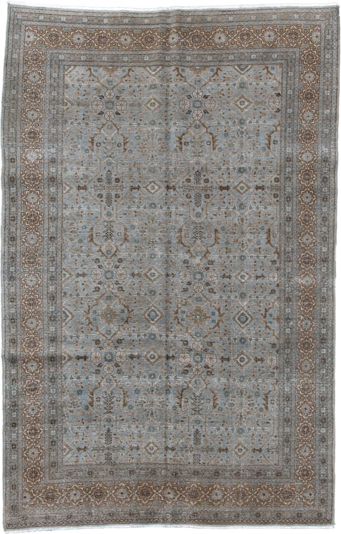 6' x 9' one-of-a-kind handmade vintage Tabriz medium size rug. Color palette: pale blue, taupe, ivory, brown, slate, camel