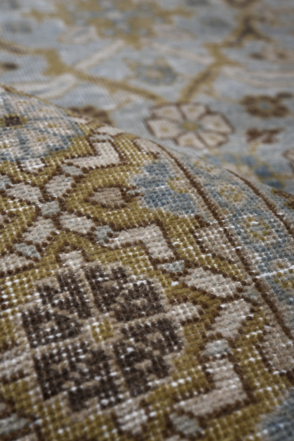 6' x 9' one-of-a-kind handmade vintage Tabriz medium size rug. Color palette: pale blue, taupe, ivory, brown, slate, camel