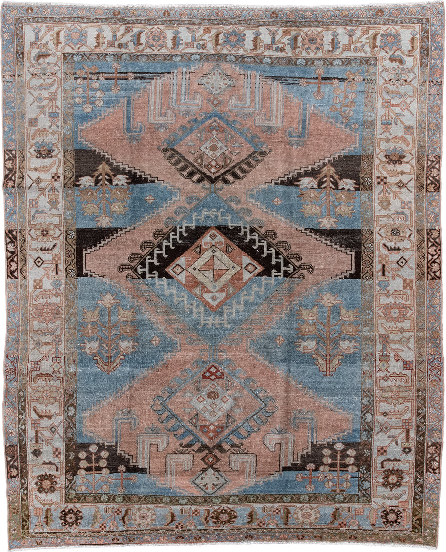 7' x 8' one-of-a-kind handmade vintage Hamadan rug. Color palette: sky blue, blush, ivory, espresso, taupe, camel, slate