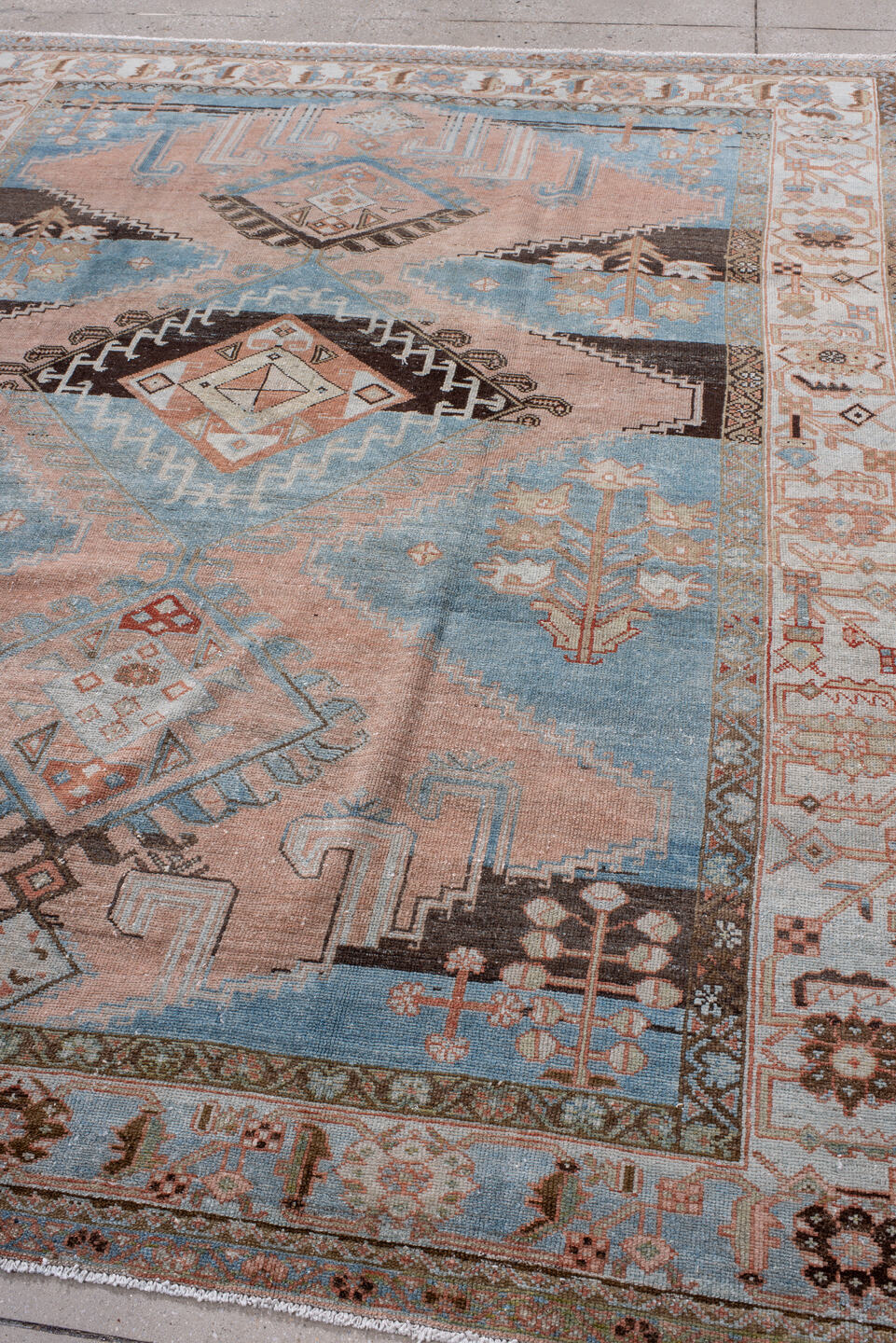 7' x 8' one-of-a-kind handmade vintage Hamadan rug. Color palette: sky blue, blush, ivory, espresso, taupe, camel, slate