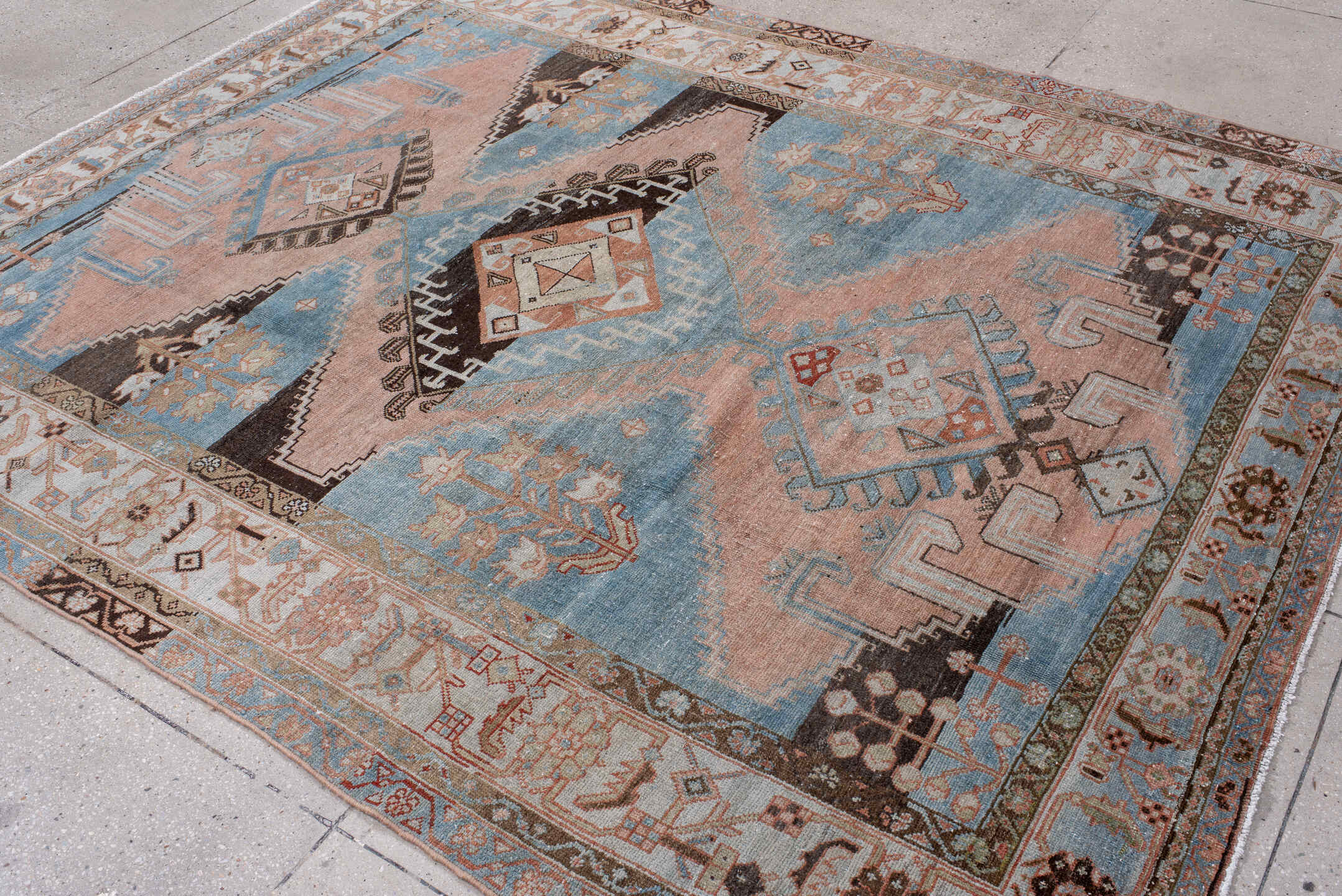 7' x 8' one-of-a-kind handmade vintage Hamadan rug. Color palette: sky blue, blush, ivory, espresso, taupe, camel, slate
