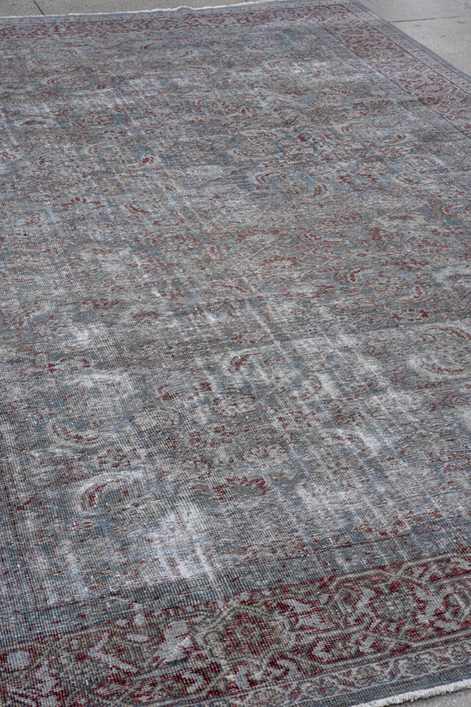 8' x 12' one-of-a-kind handmade vintage Malayer large size rug. Color palette: silver, gray, rose, burgundy, ivory, taupe