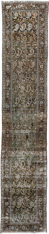 3' x 15' one-of-a-kind handmade vintage Malayer runner rug. Color palette: brown, taupe, ivory, blue_gray, charcoal, olive