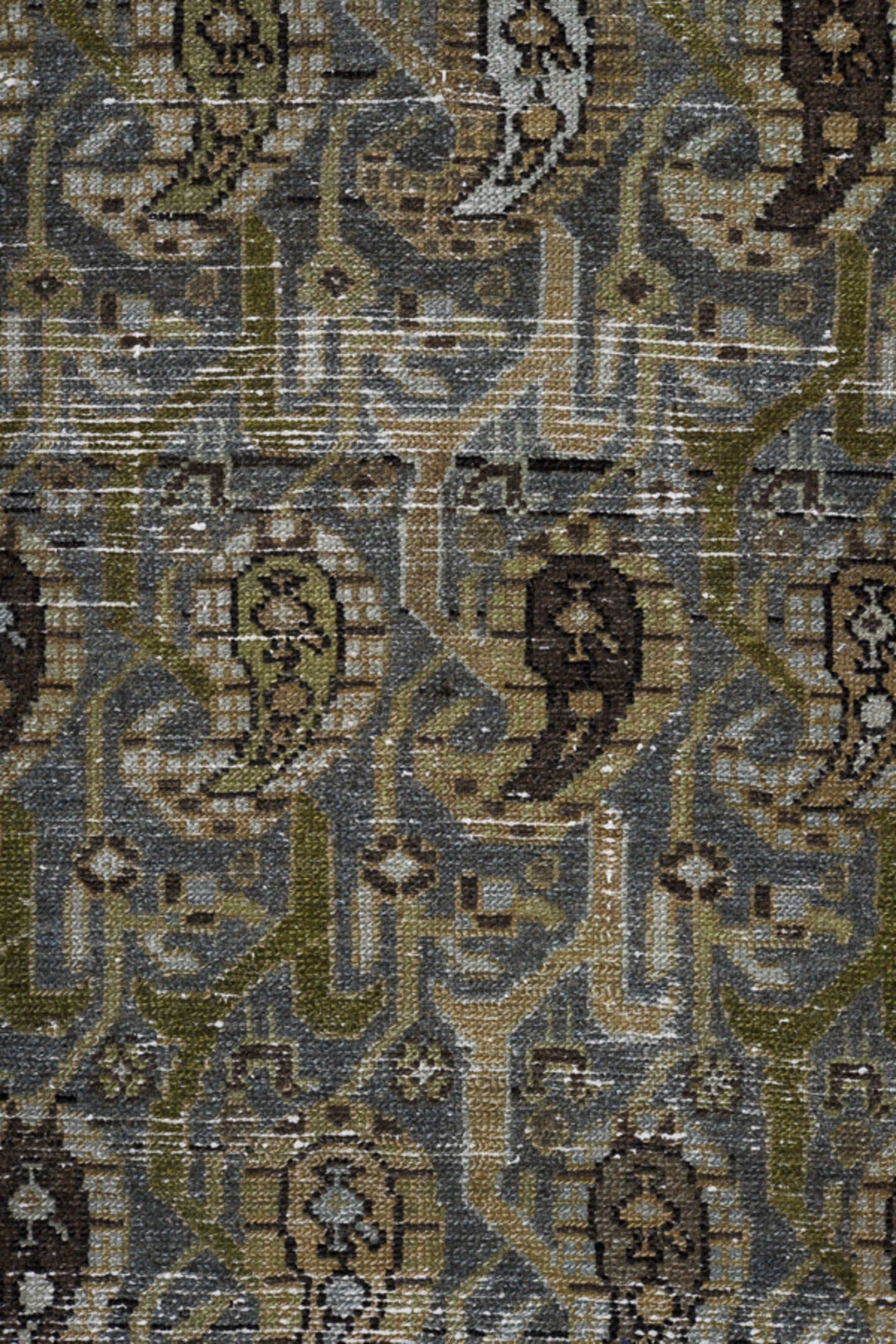 3' x 15' one-of-a-kind handmade vintage Malayer runner rug. Color palette: brown, taupe, ivory, blue_gray, charcoal, olive