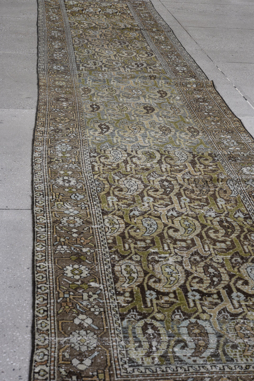 3' x 15' one-of-a-kind handmade vintage Malayer runner rug. Color palette: brown, taupe, ivory, blue_gray, charcoal, olive